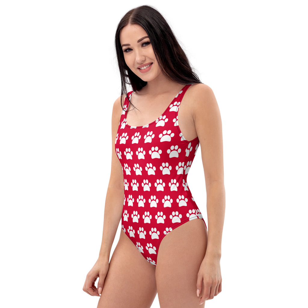 Women's Cherry Red Paw Print Buttery Soft Swimsuit With UPF 50+