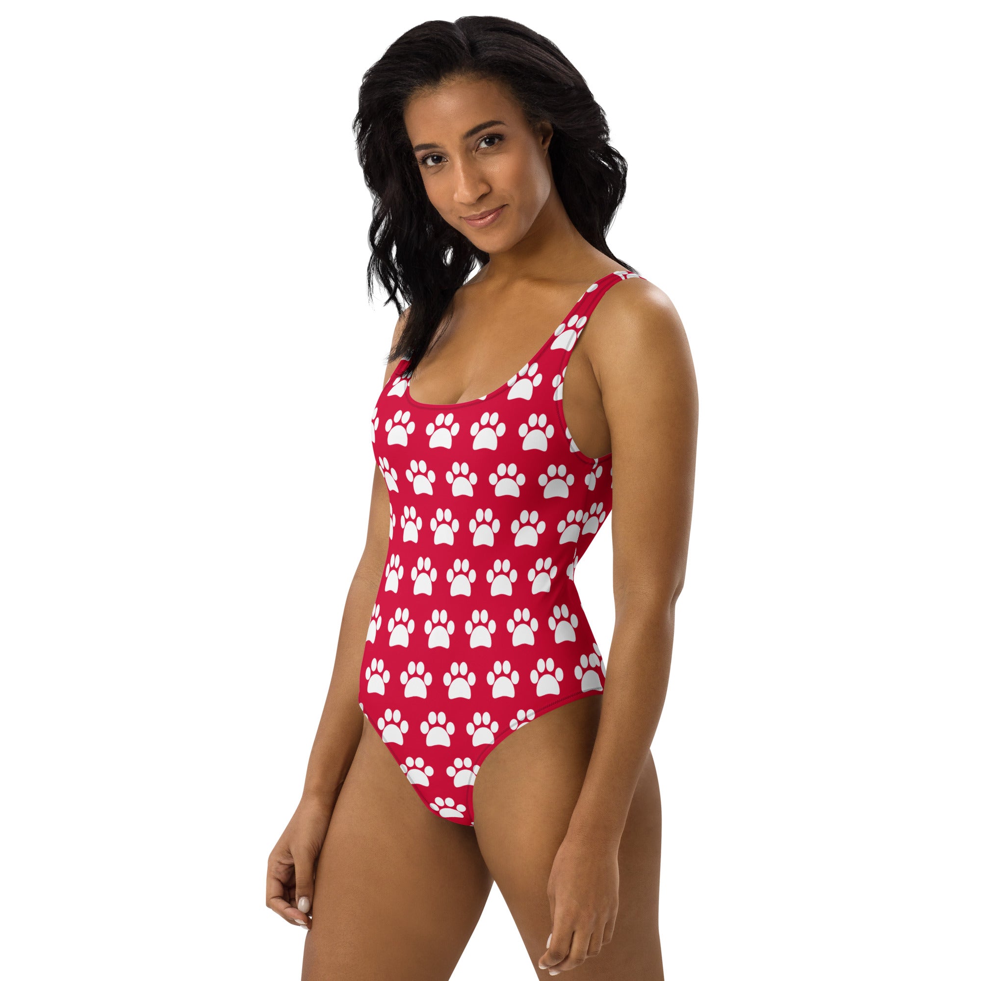 Women's Cherry Red Paw Print Buttery Soft Swimsuit With UPF 50+
