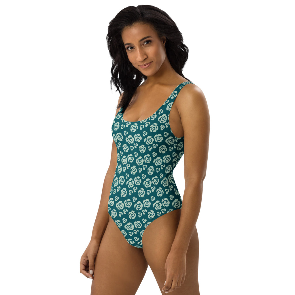 Women's Teal Rose Pattern Buttery Soft Swimsuit With UPF 50+