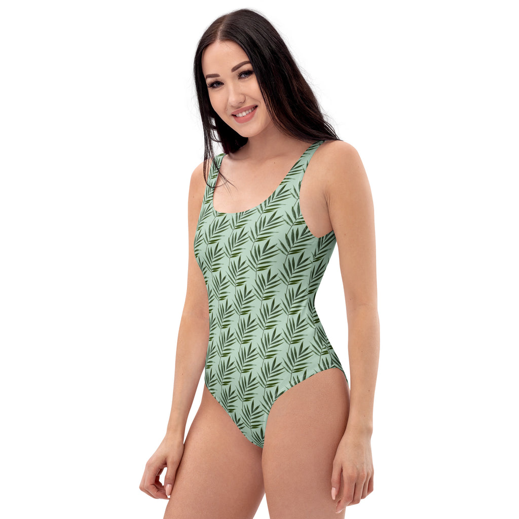 Women's Sage Green Palm Leaf Buttery Soft Swimsuit With UPF 50+