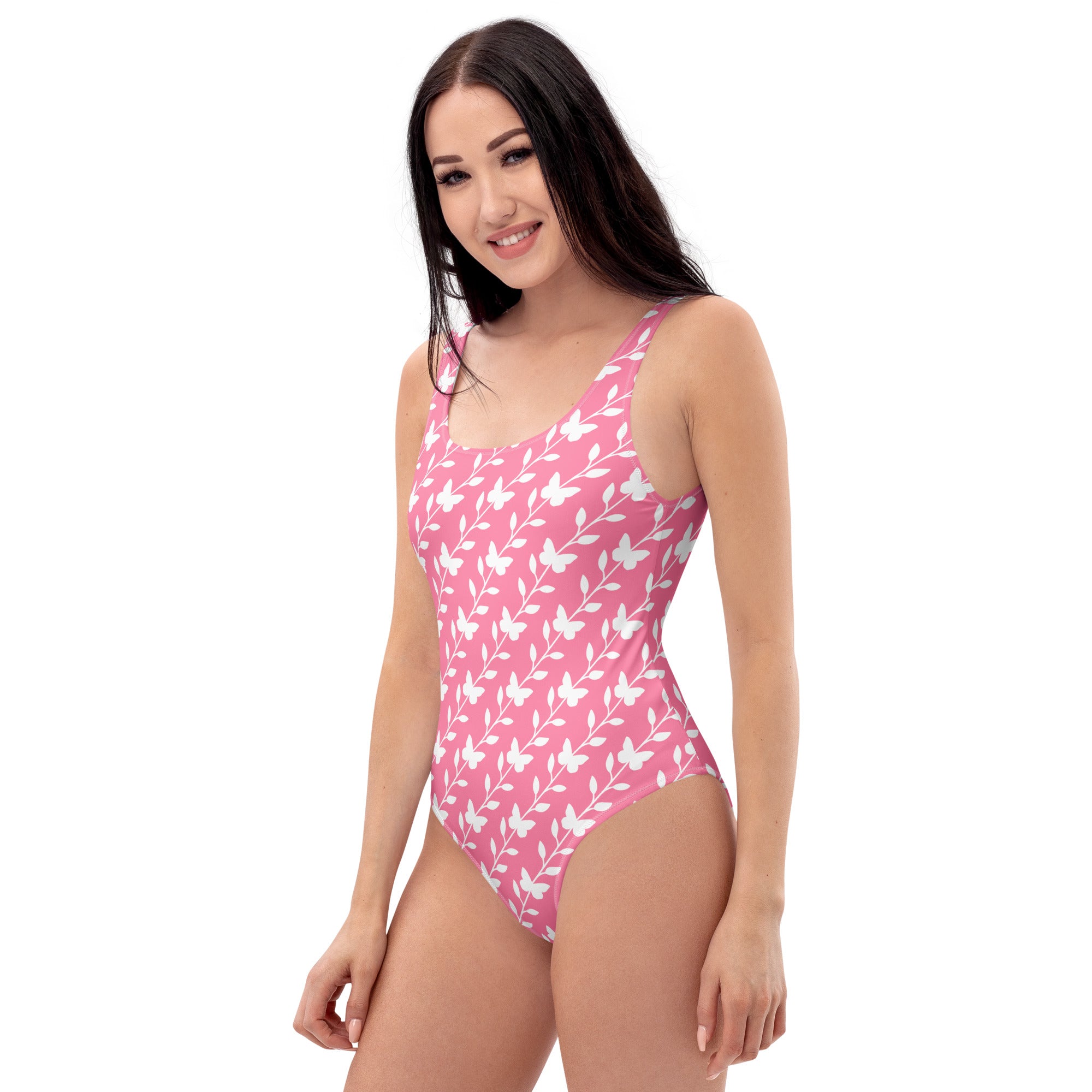 Women's Pink Butterfly and Leaf Buttery Soft Swimsuit With UPF 50+