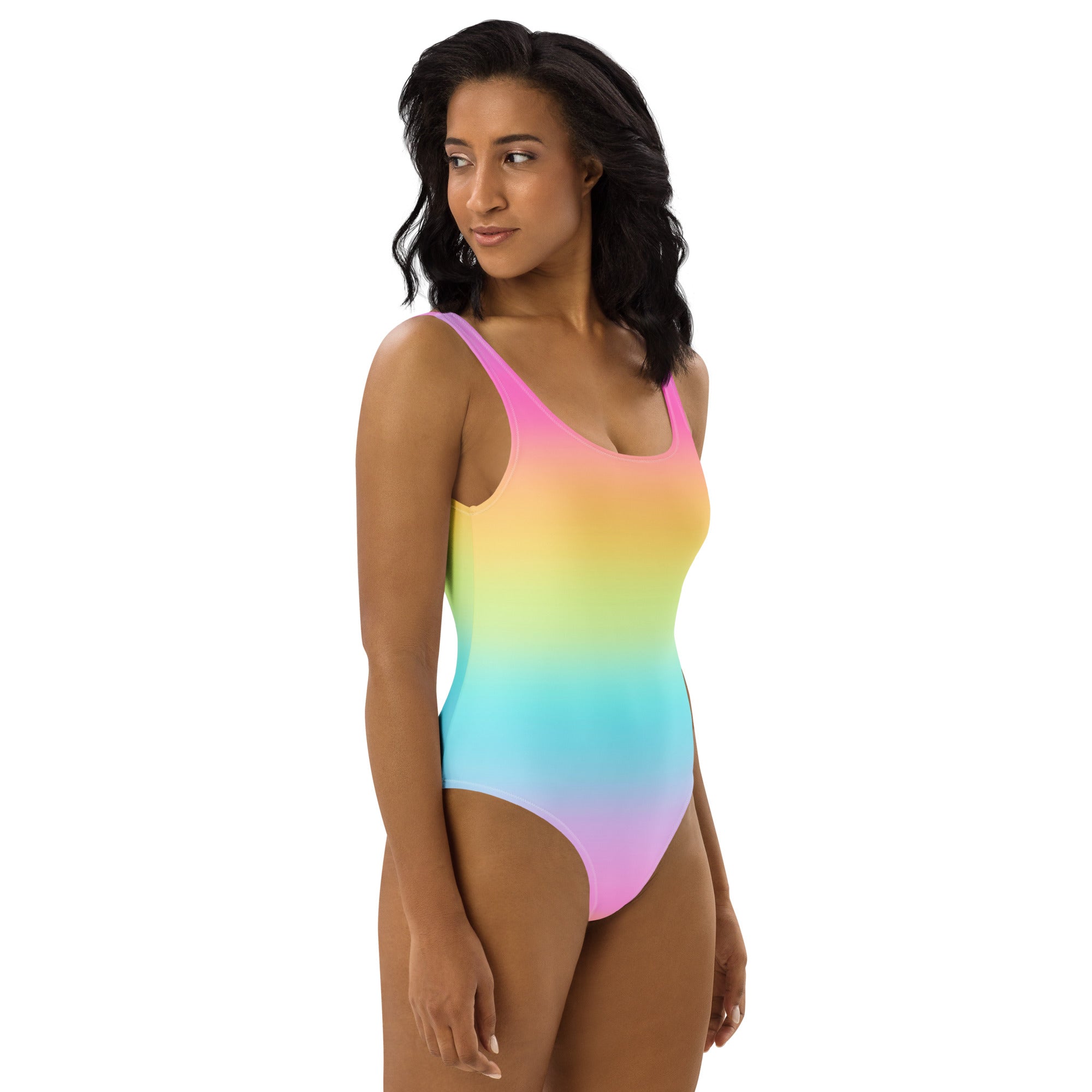 A vibrant rainbow gradient one-piece swimsuit with buttery soft fabric and upf 50 plus protection for women