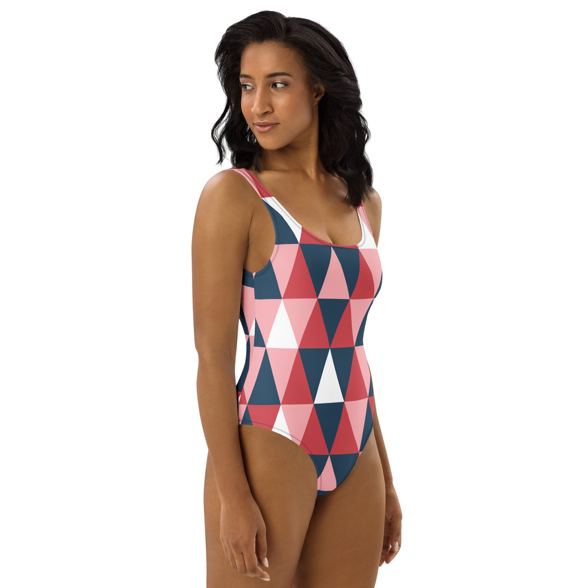 Women’s geometric colorblock buttery soft one-piece swimsuit with UPF 50 plus featuring pink navy and white triangles