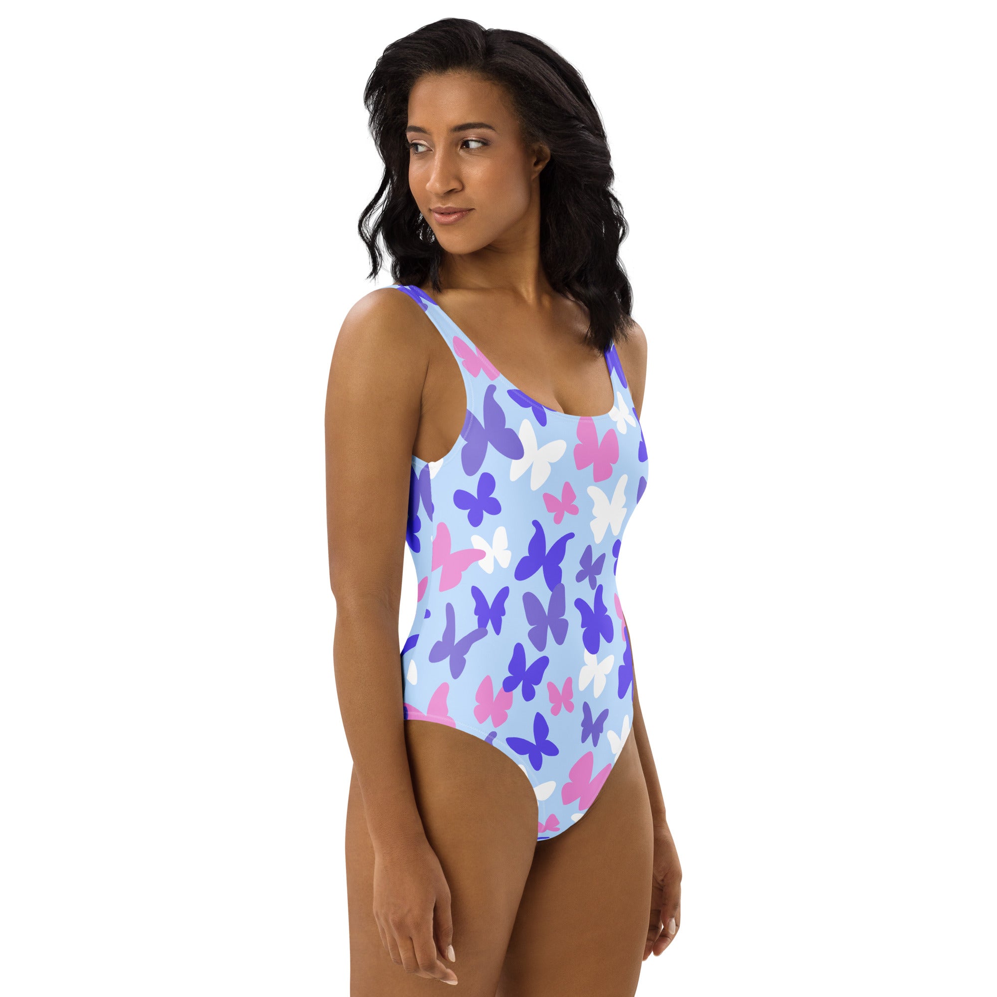 Women’s light blue one-piece swimsuit with a purple pink and white butterfly pattern buttery soft fabric and UPF 50+ protection