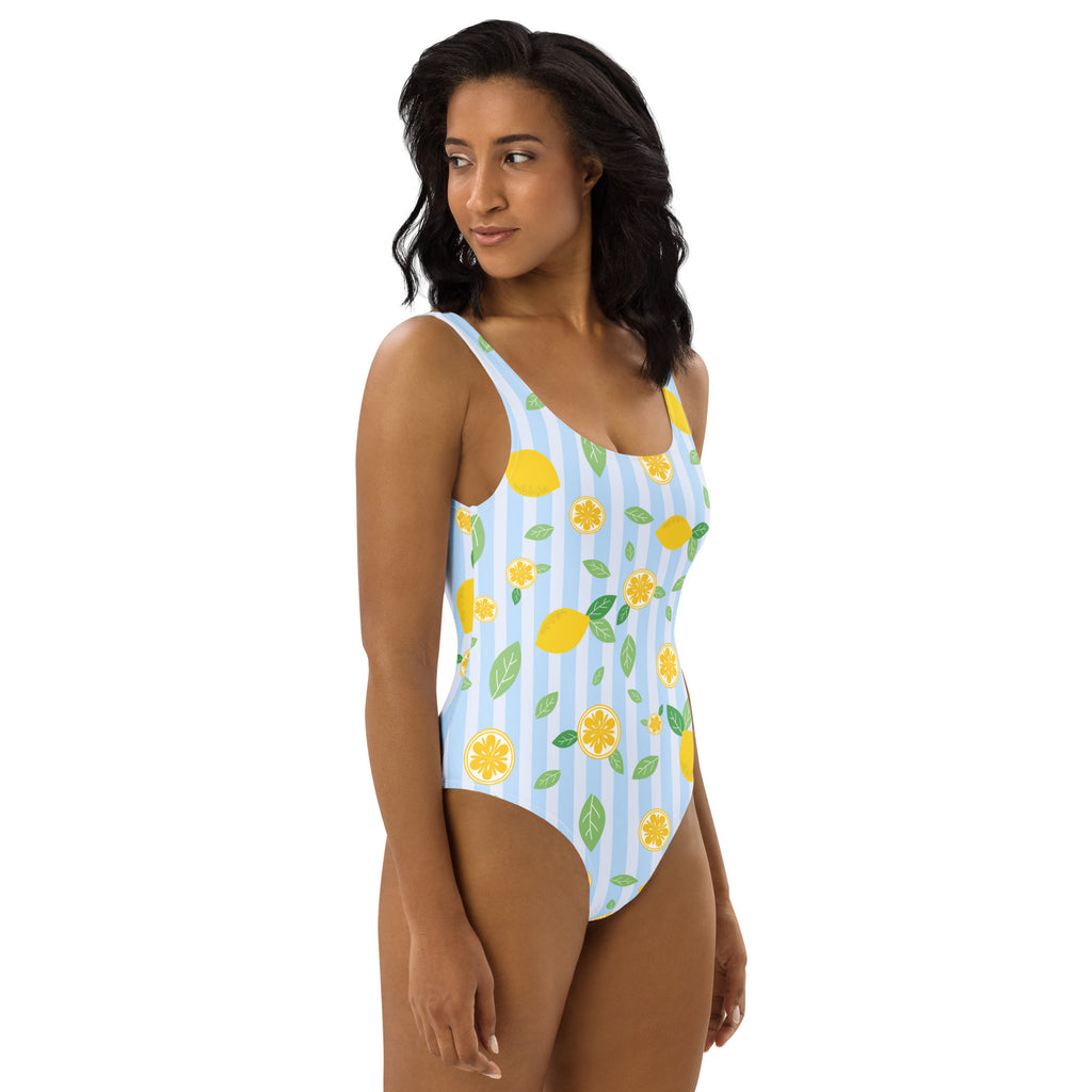 Women’s blue lemon stripe buttery soft one-piece swimsuit with vertical stripes and UPF 50 plus protection