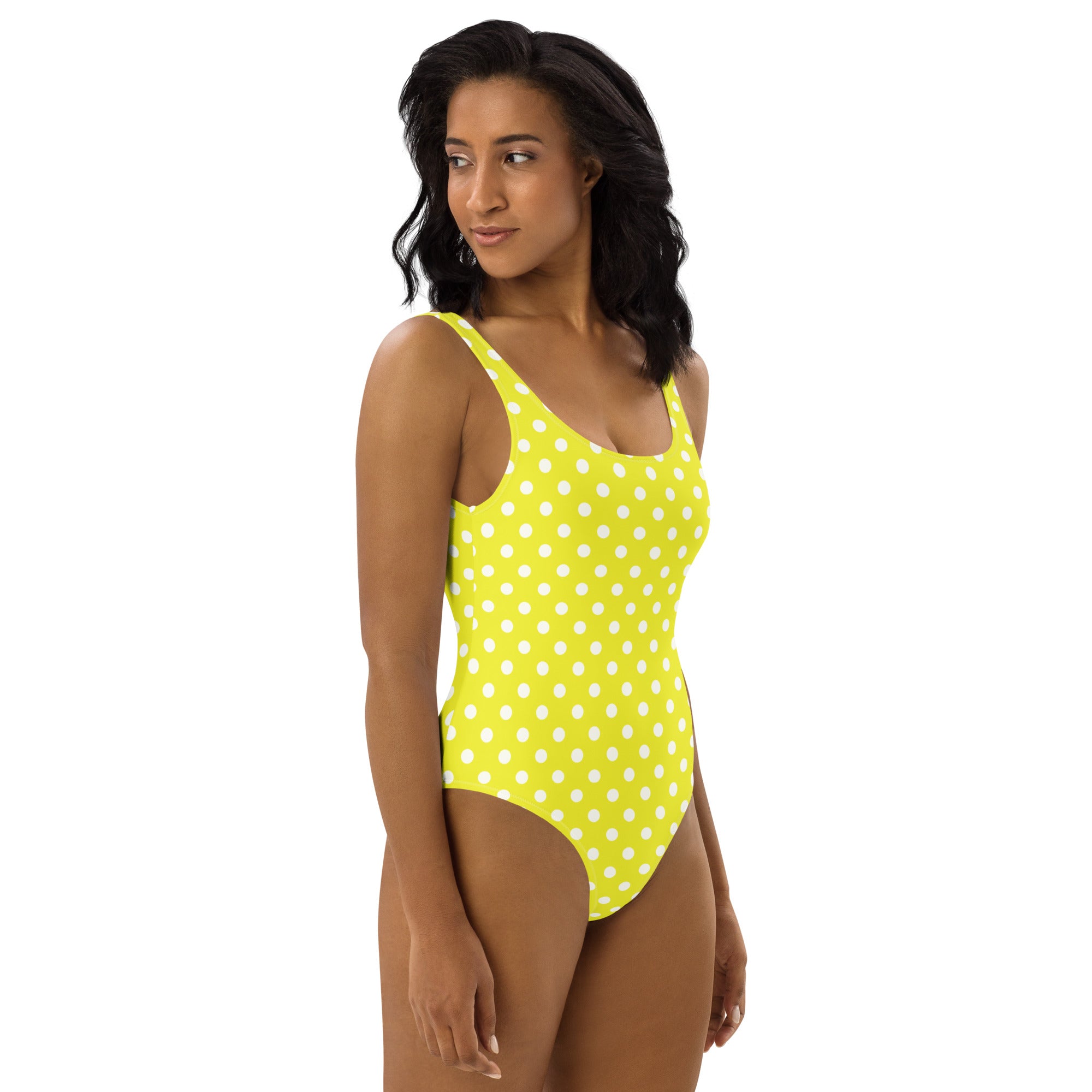 Women’s buttery soft lime green one-piece swimsuit with white polka dots and UPF 50+ sun protection