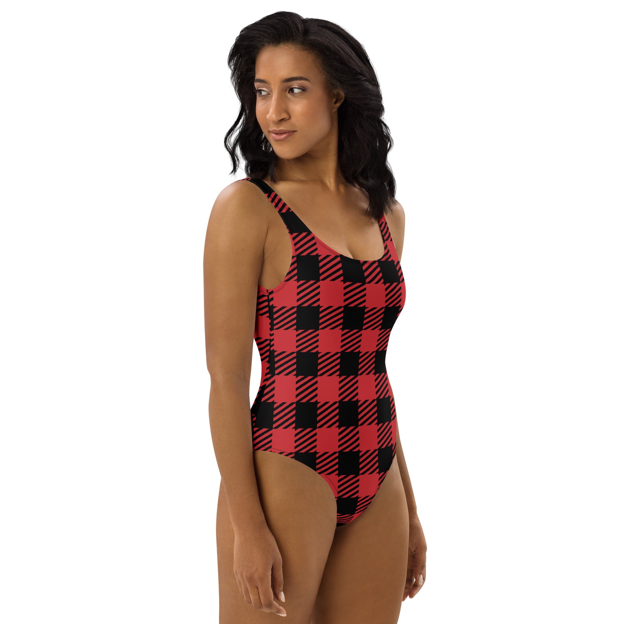 Women’s red and black buffalo plaid one-piece swimsuit with thin straps buttery soft fabric and upf 50+ protection