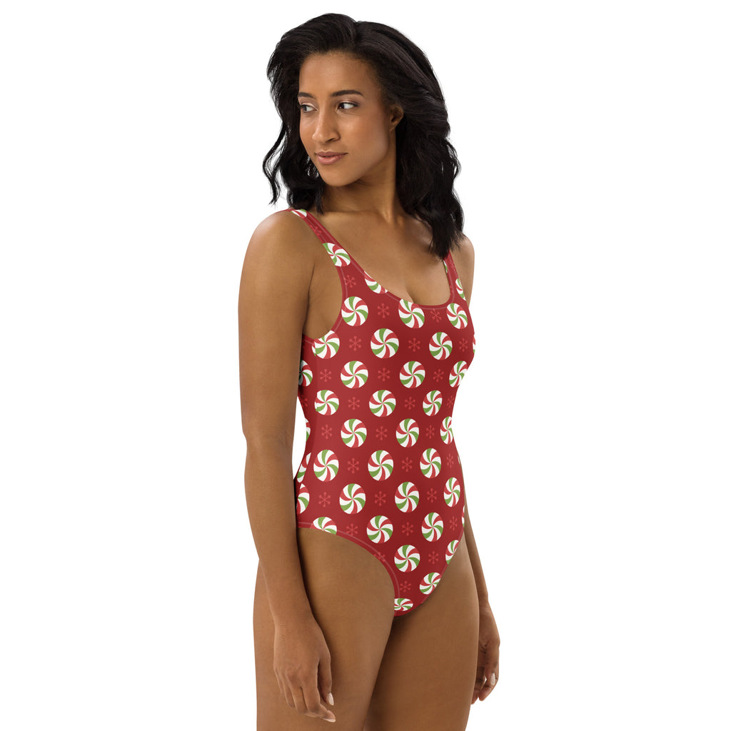 Women’s red one-piece swimsuit with green and white peppermint candies pattern buttery soft fabric upf 50+