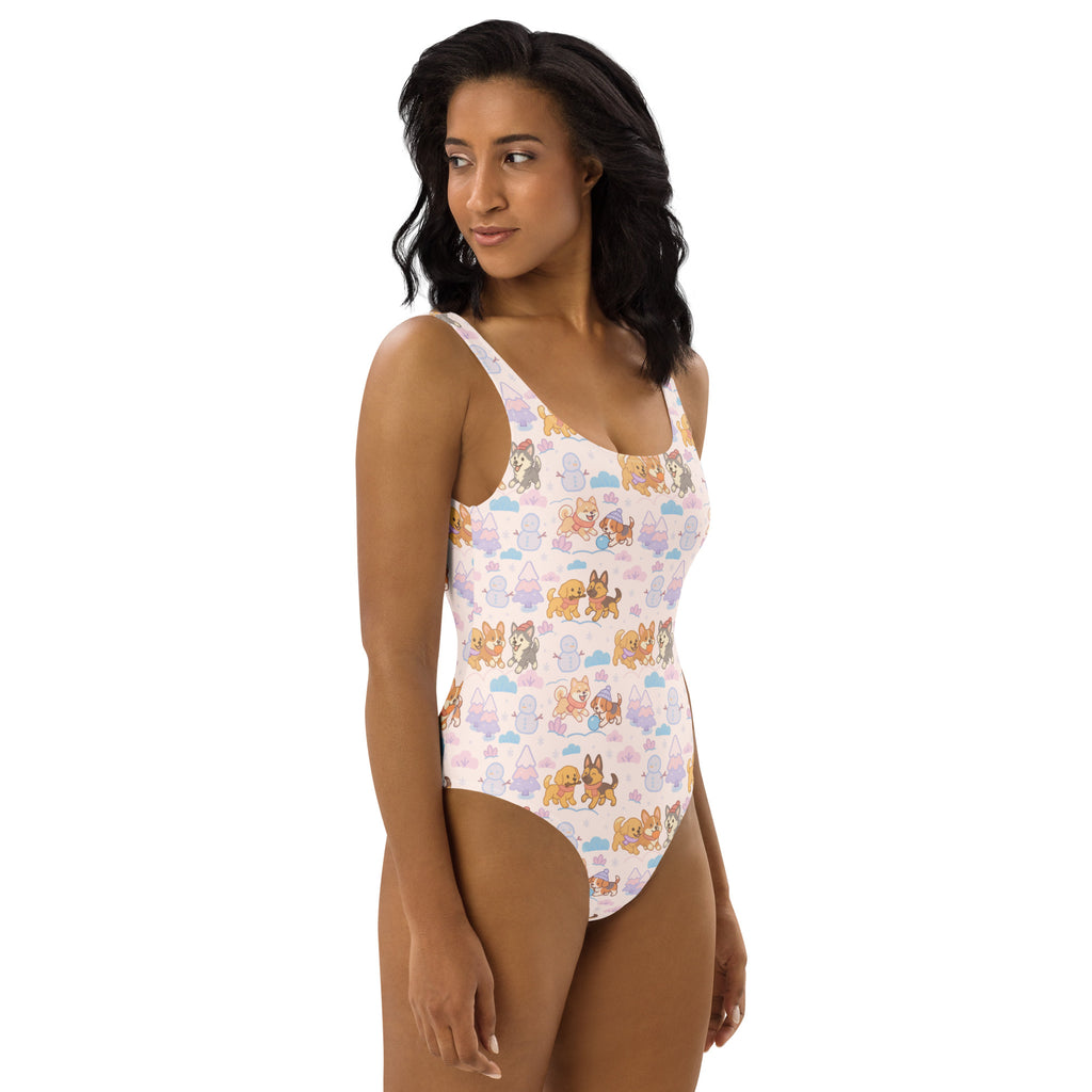 White one-piece buttery soft swimsuit for women with cartoon dogs and clouds pattern and upf 50 plus sun protection