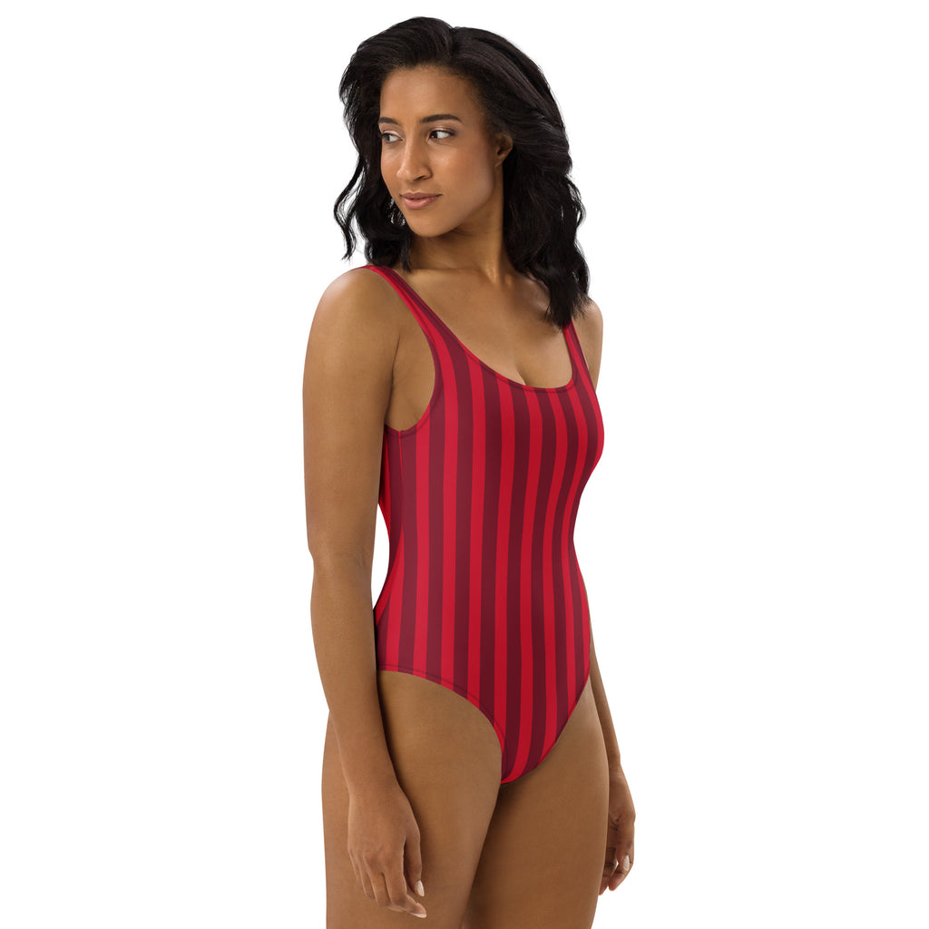 Women’s red and black striped buttery soft one-piece swimsuit with thin straps and upf 50 plus sun protection