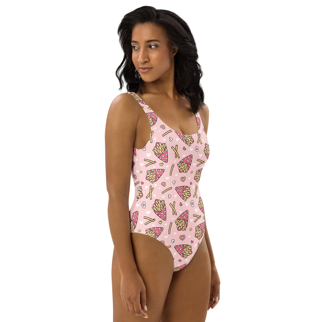 Women's Pink French Fries Buttery Soft Swimsuit With UPF 50+