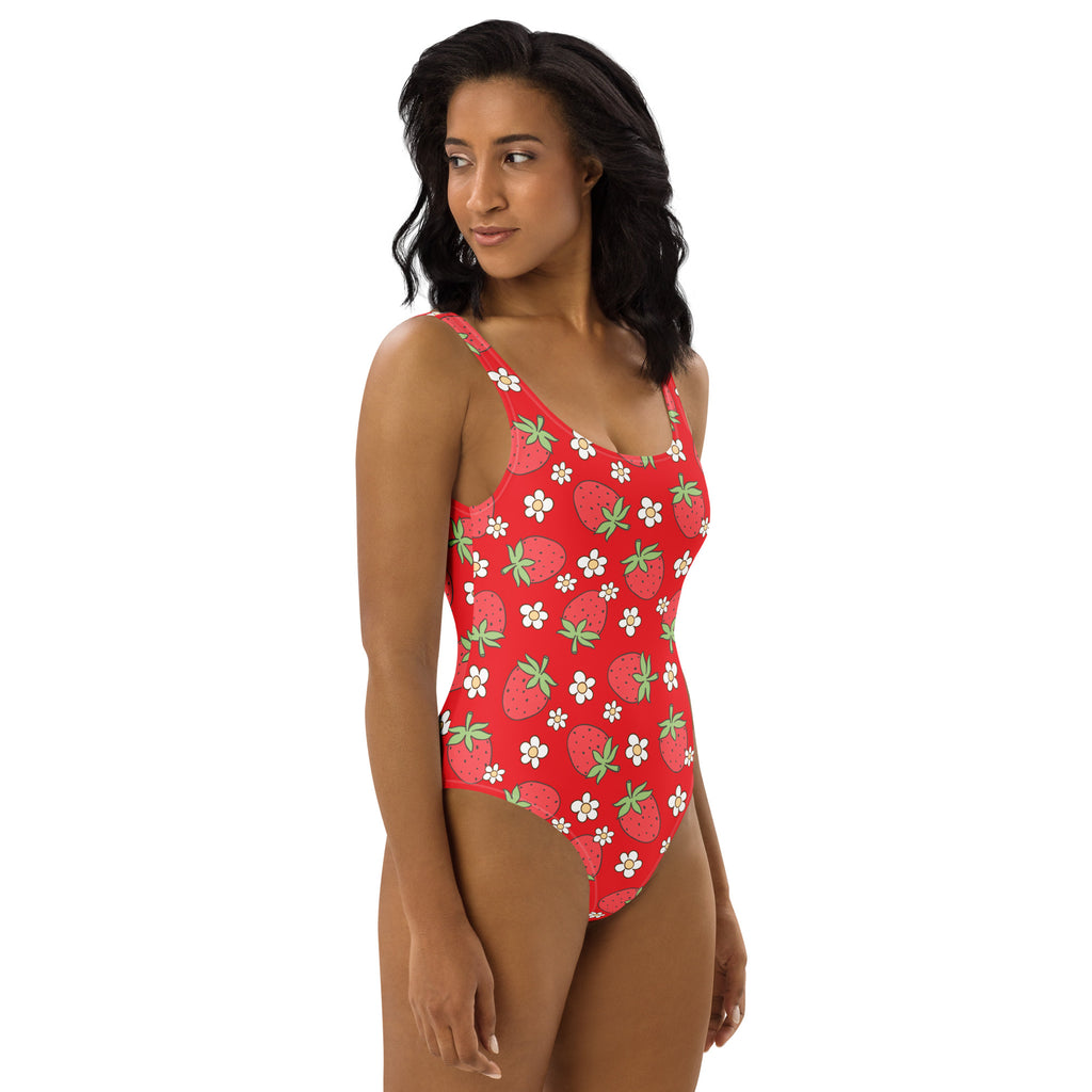 Women's Red Strawberry Buttery Soft Swimsuit With UPF 50+