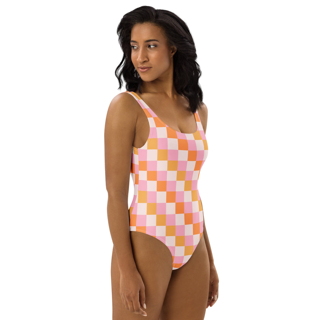 Women's Pastel Pink & Orange Checkerboard Buttery Soft Swimsuit With UPF 50+