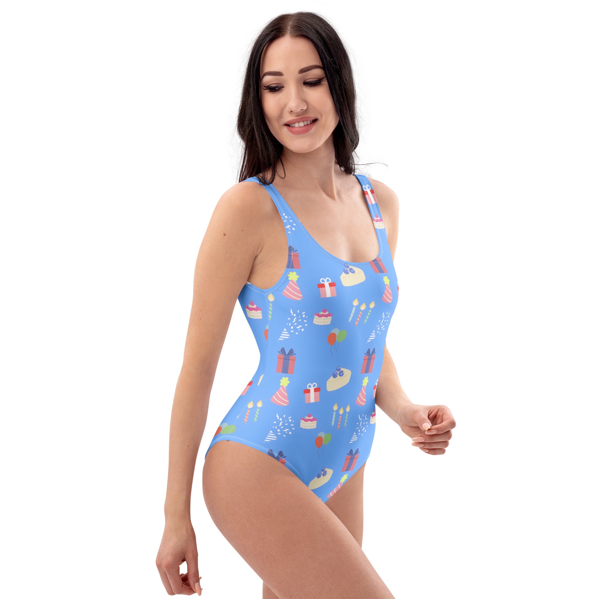 Women's Blue Birthday Party Buttery Soft Swimsuit With UPF 50+