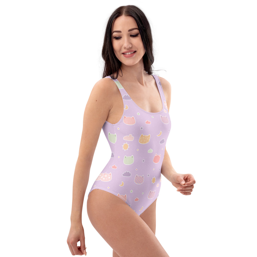 Women's Pastel Purple Kawaii Cats & Clouds Buttery Soft Swimsuit With UPF 50+
