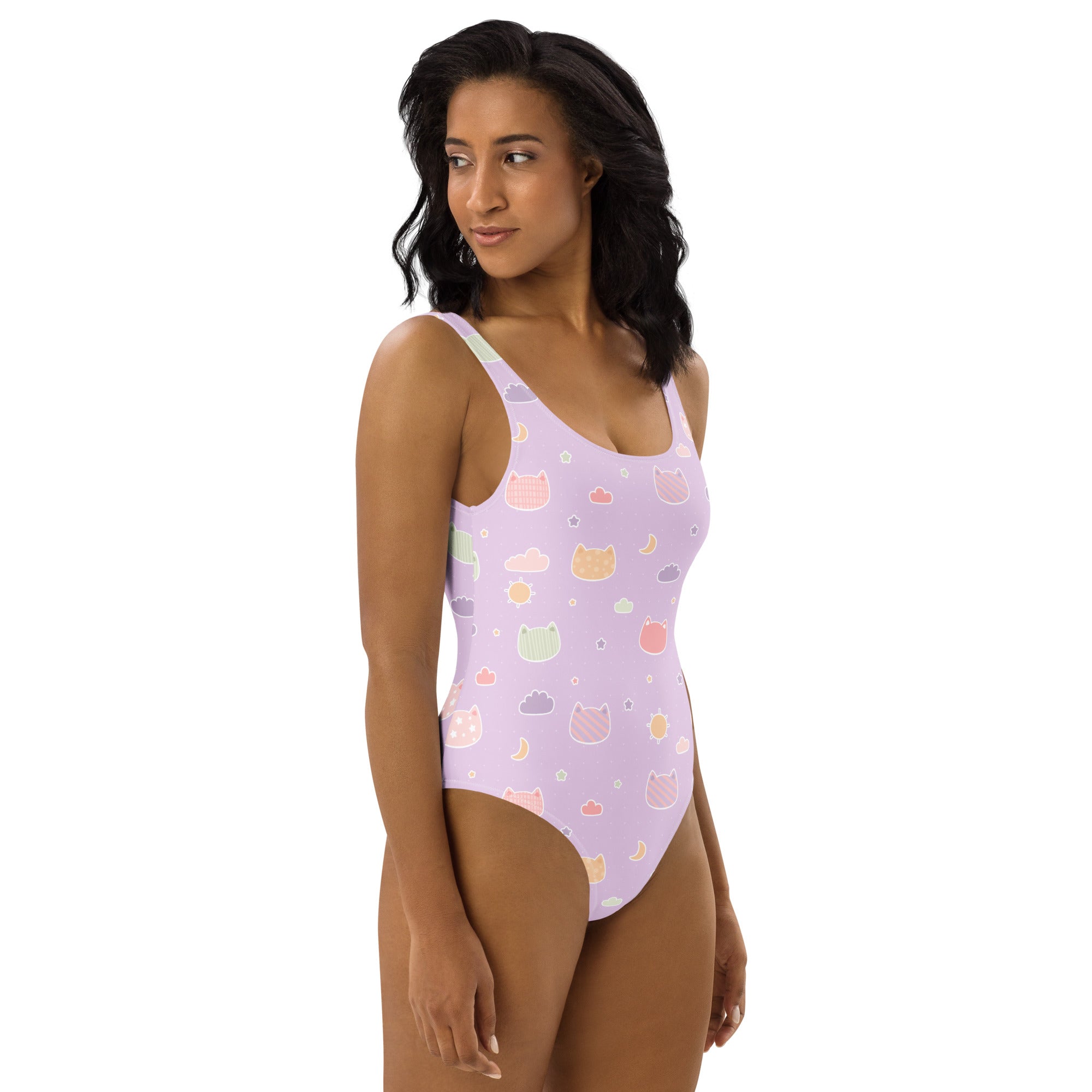 Women's Pastel Purple Kawaii Cats & Clouds Buttery Soft Swimsuit With UPF 50+