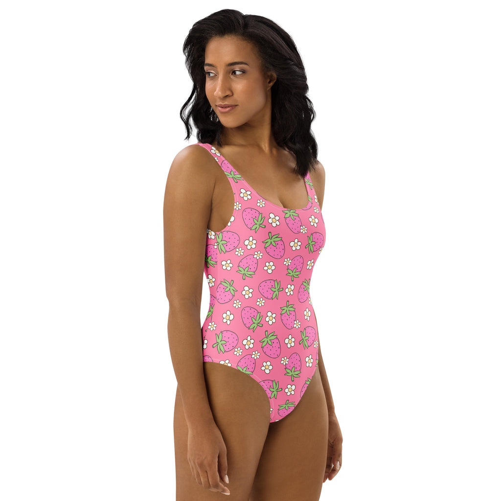 Women's Pink Strawberry Buttery Soft Swimsuit With UPF 50+