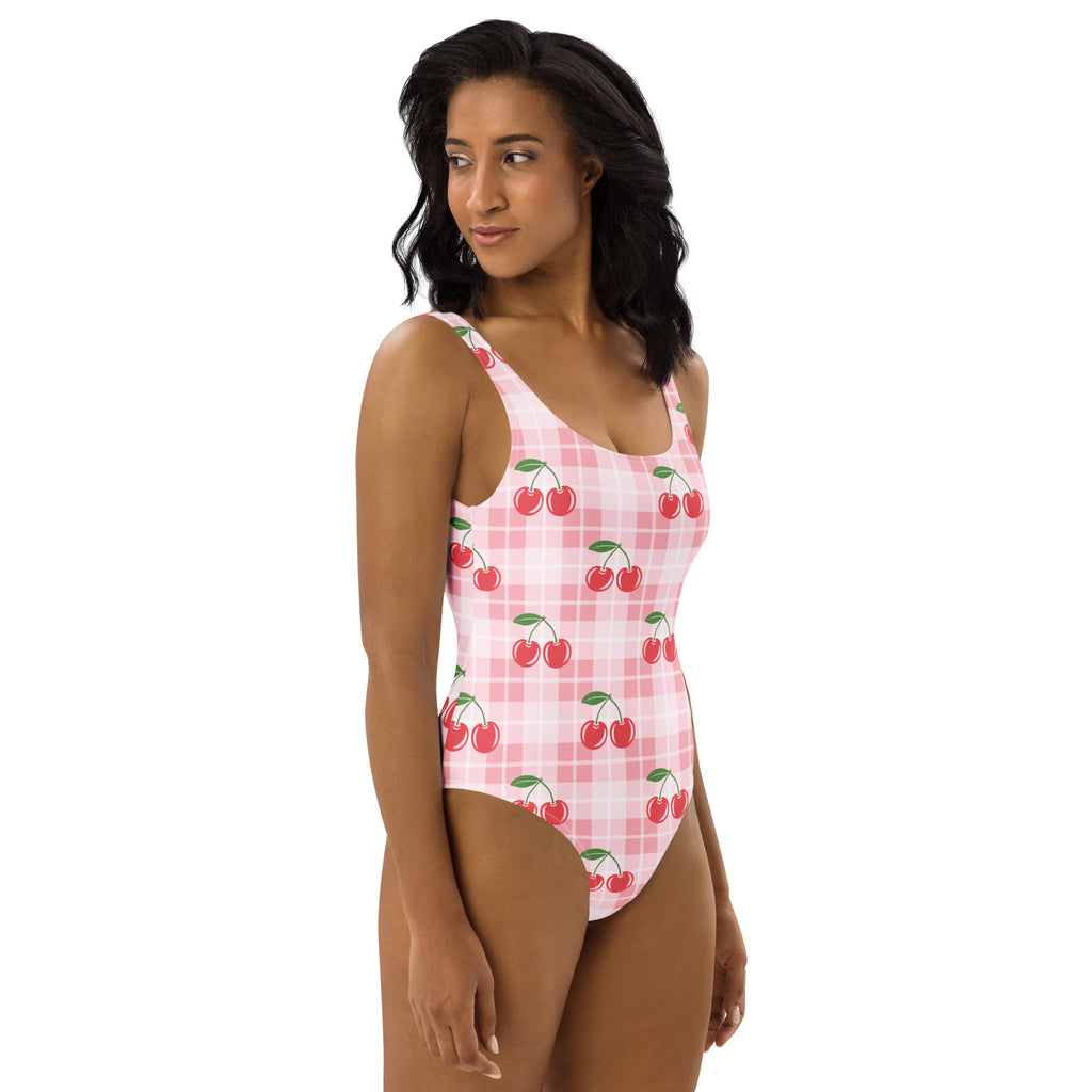 Women's Pink Cherry Plaid Buttery Soft Swimsuit With UPF 50+