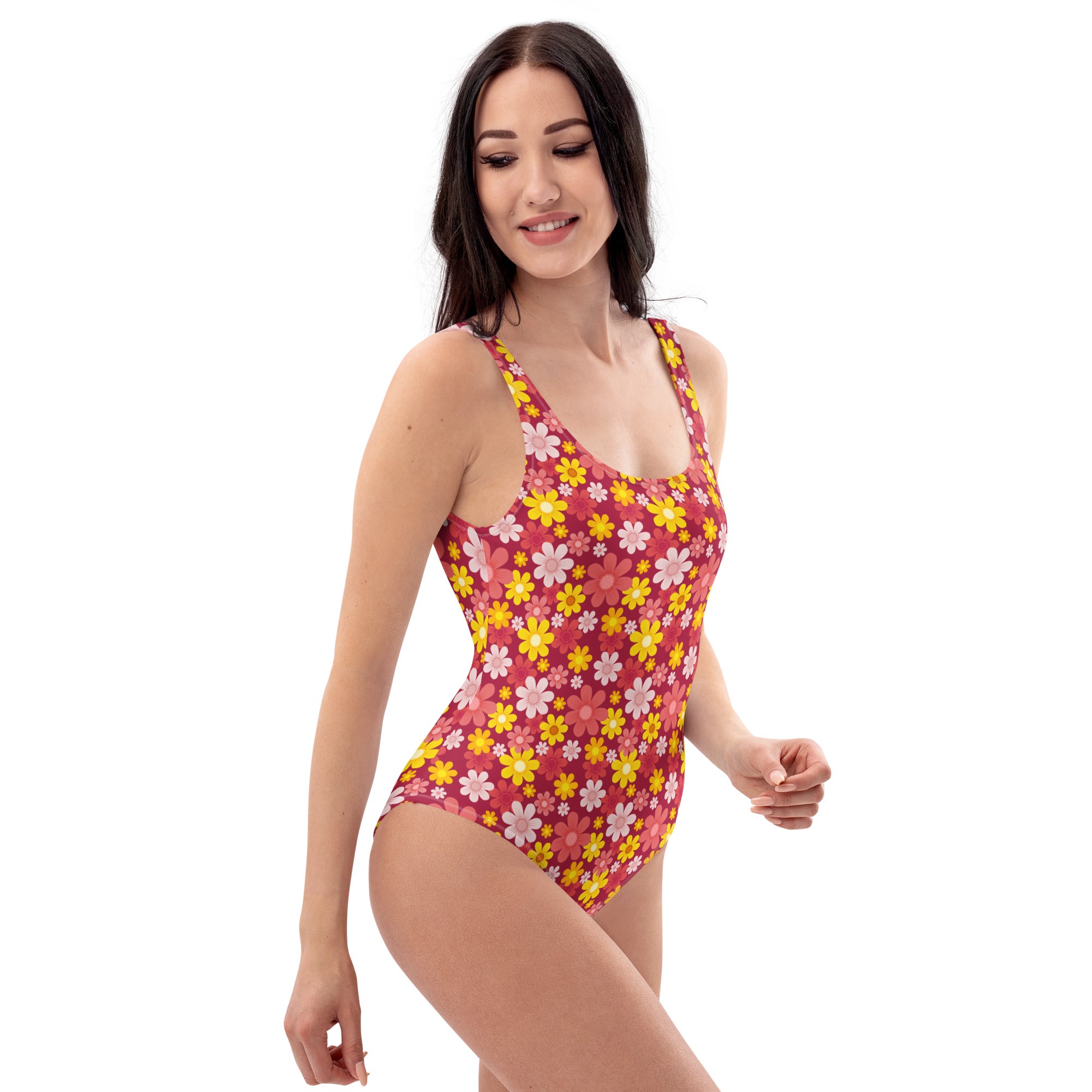 Women's Red Floral Buttery Soft Swimsuit With UPF 50+
