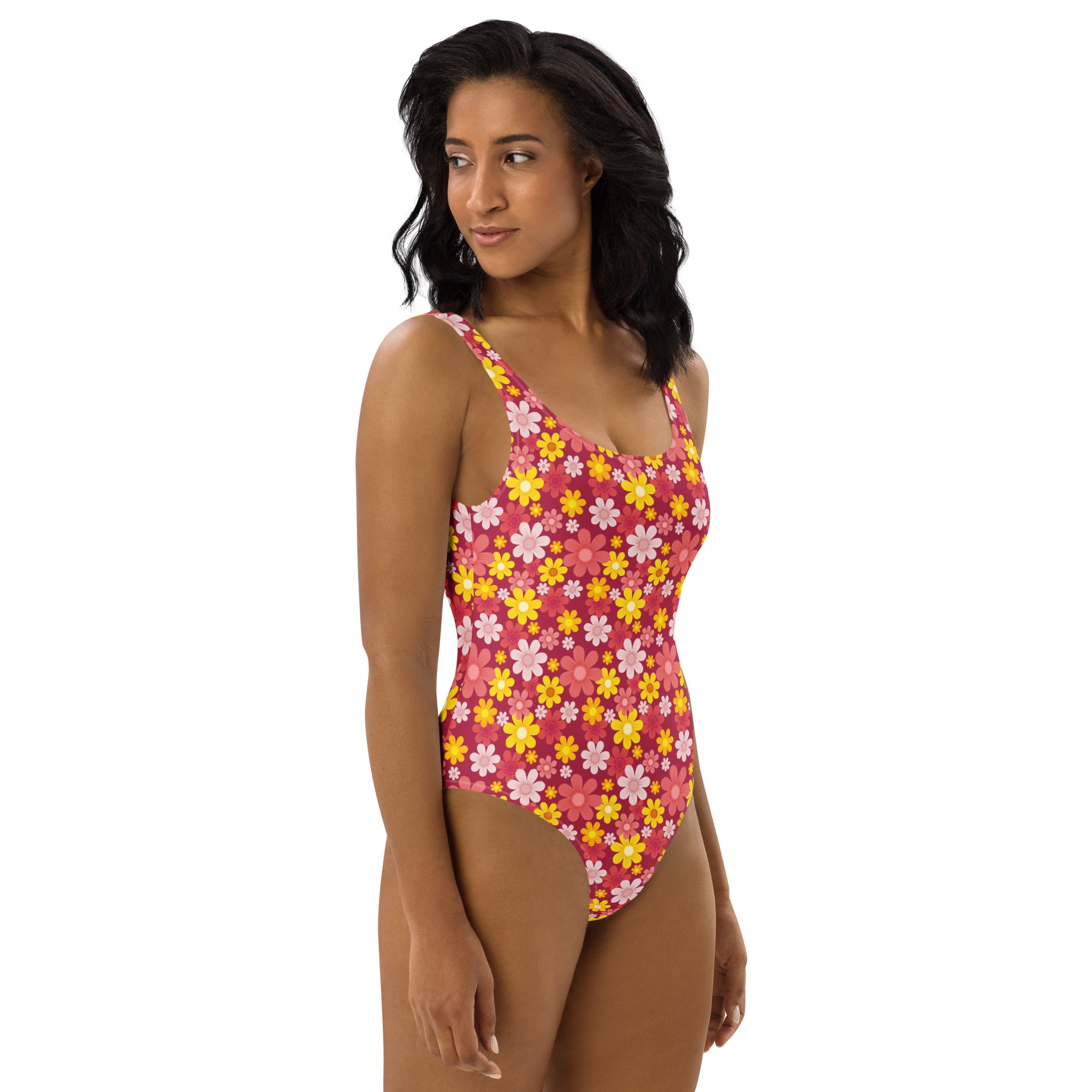 Women's Red Floral Buttery Soft Swimsuit With UPF 50+