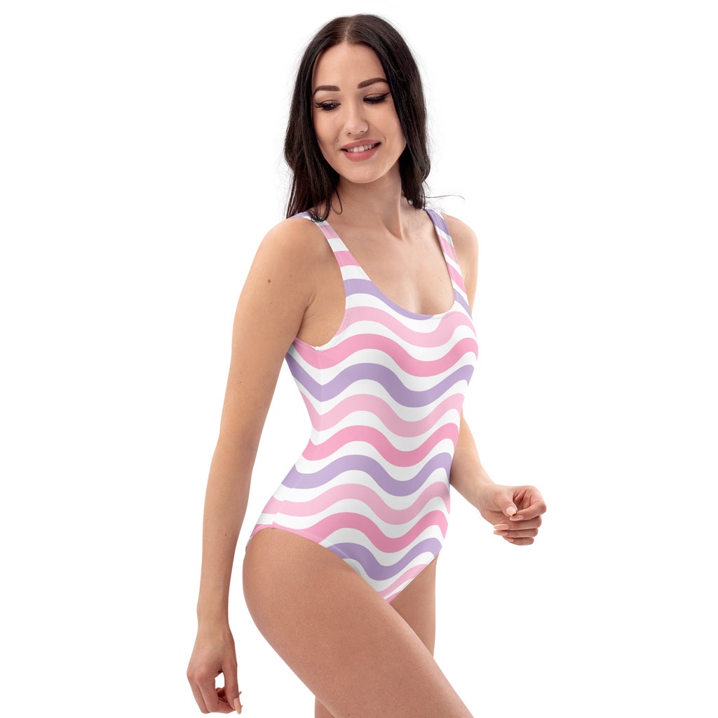 Women's Pink and Lavender Wavy Stripe Buttery Soft Swimsuit With UPF 50+