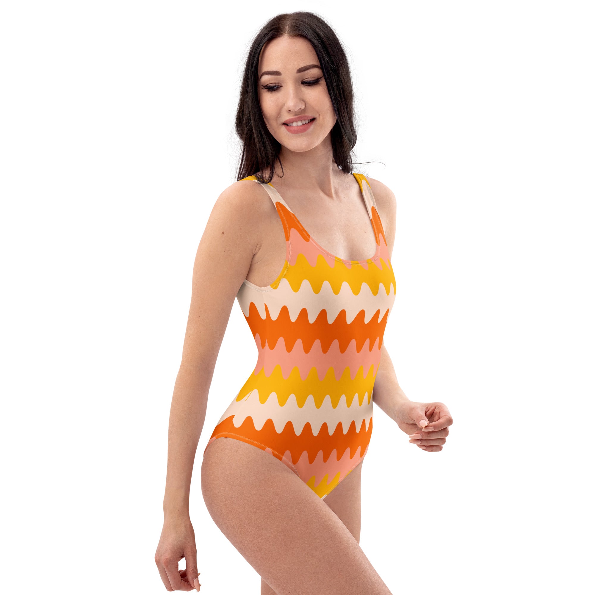 Women's Orange Retro Wavy Buttery Soft Swimsuit With UPF 50+