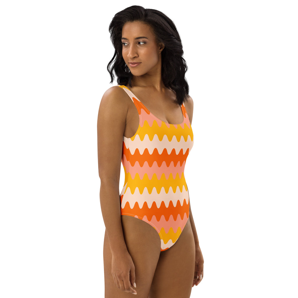 Women's Orange Retro Wavy Buttery Soft Swimsuit With UPF 50+