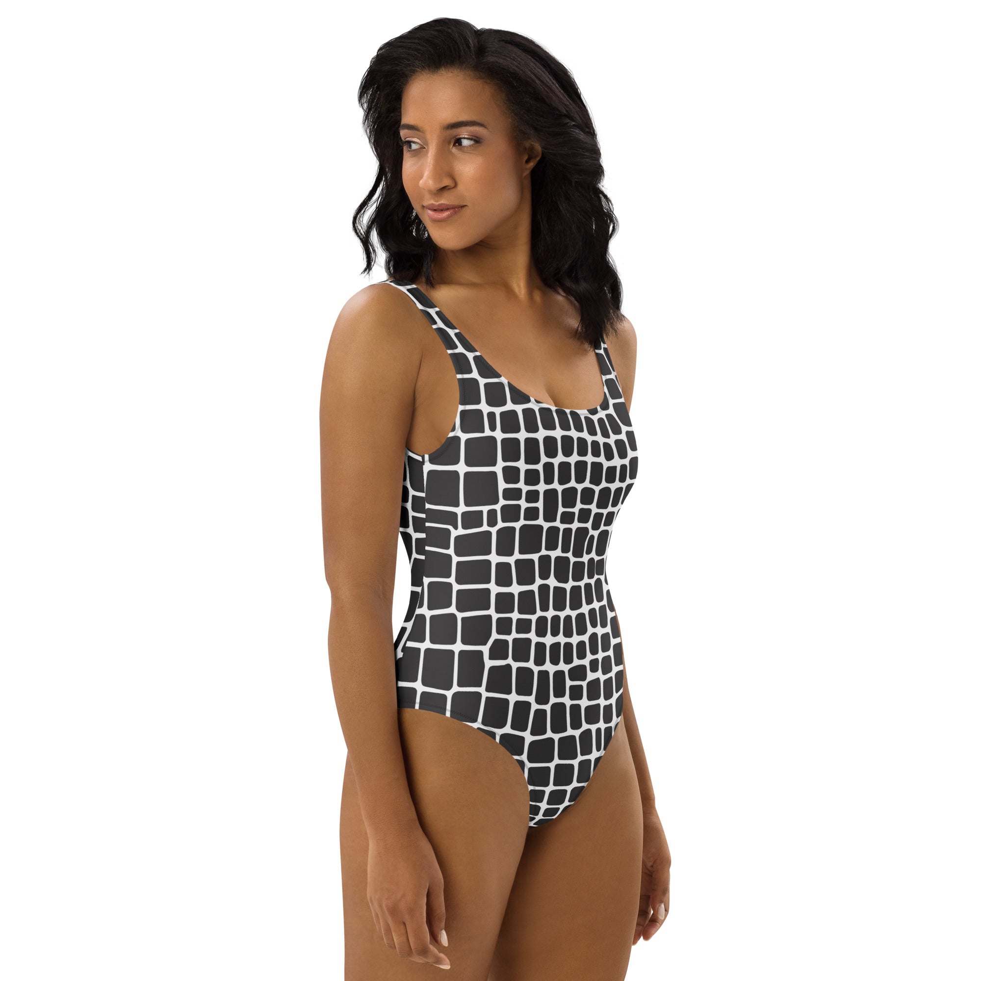 Women's Black and White Reptile Print Buttery Soft Swimsuit With UPF 50+