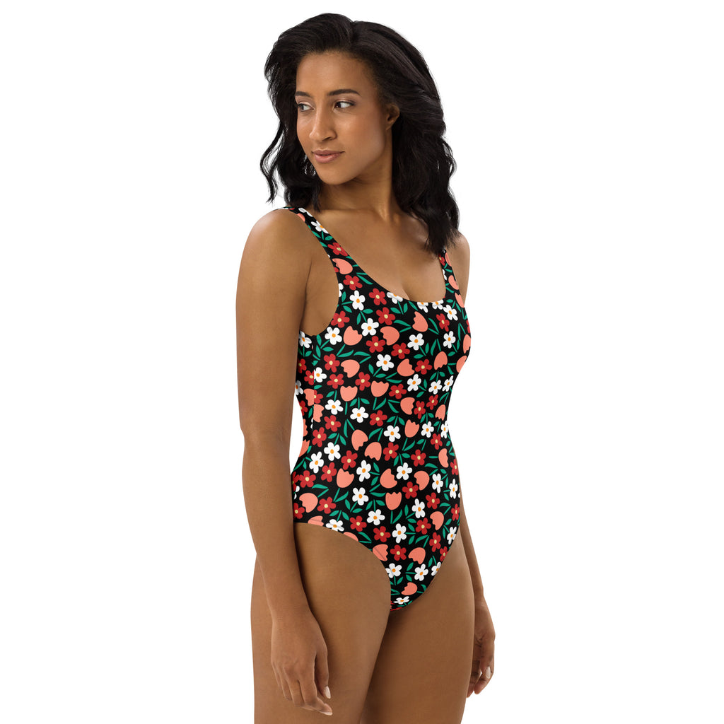 Women's Retro Strawberry Floral Buttery Soft Swimsuit With UPF 50+
