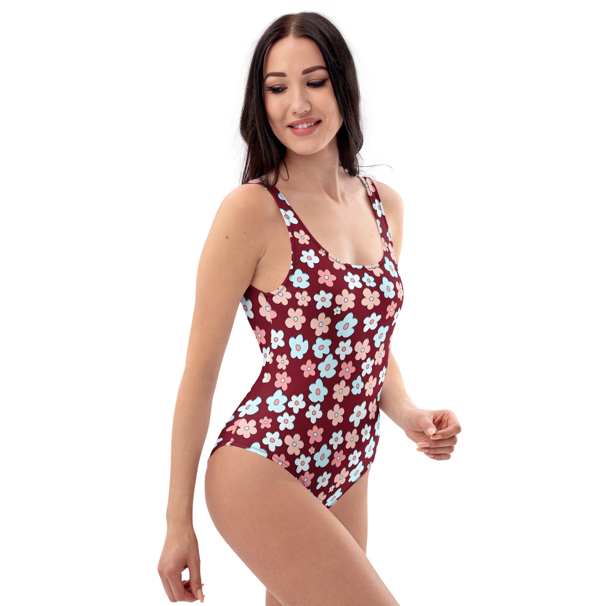 Women's Burgundy Retro Flower Buttery Soft Swimsuit With UPF 50+
