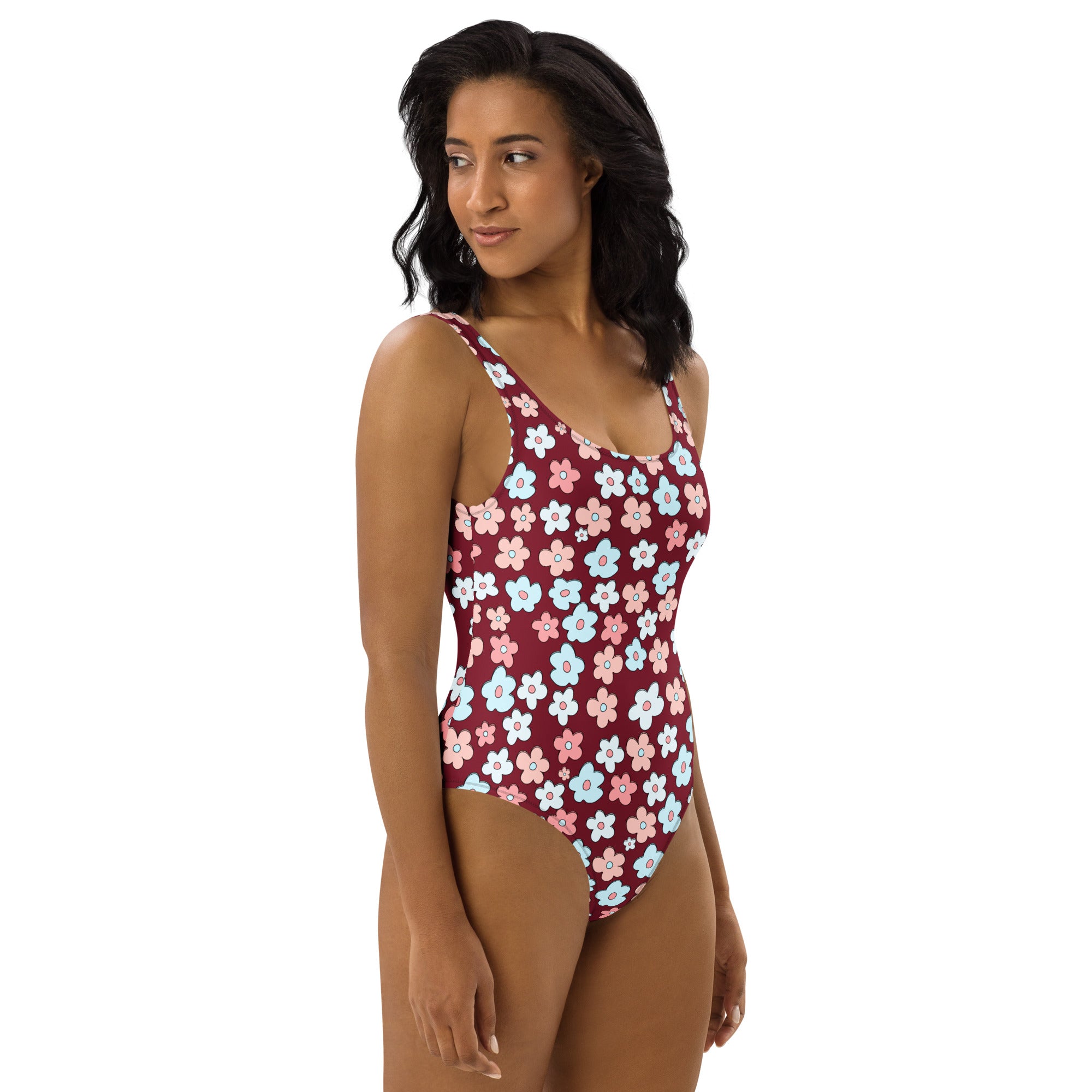 Women's Burgundy Retro Flower Buttery Soft Swimsuit With UPF 50+