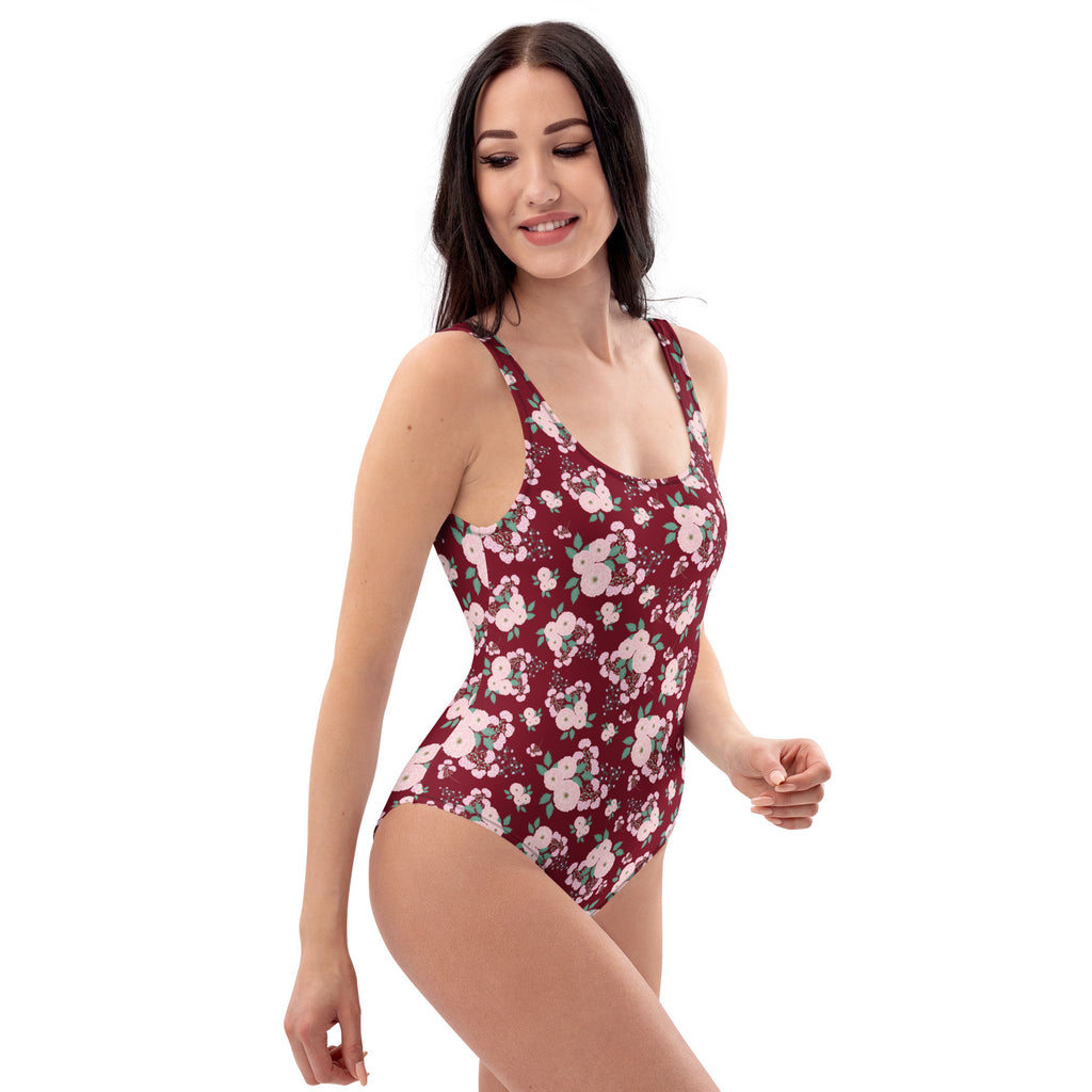 Women's Burgundy Floral Buttery Soft Swimsuit With UPF 50+