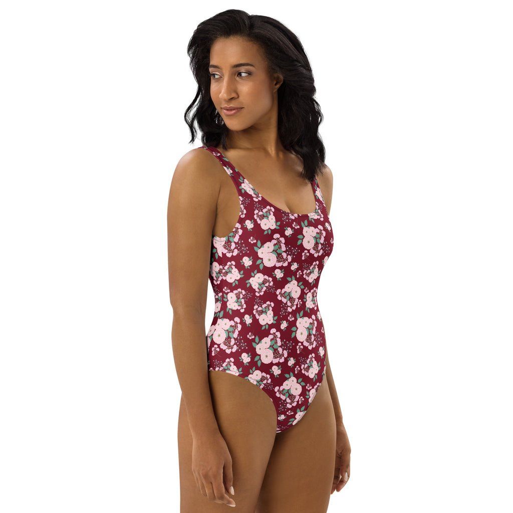 Women's Burgundy Floral Buttery Soft Swimsuit With UPF 50+