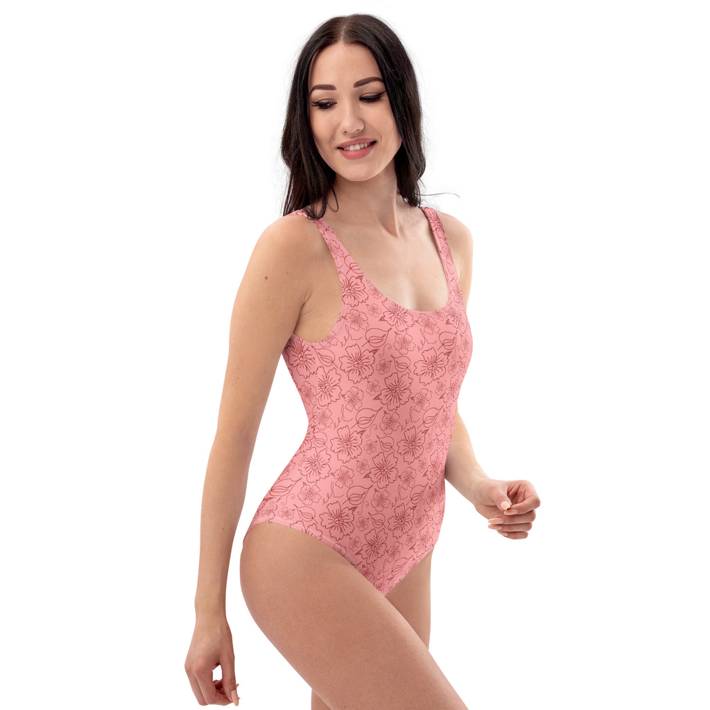 Women's Pink Floral Outline Buttery Soft Swimsuit With UPF 50+