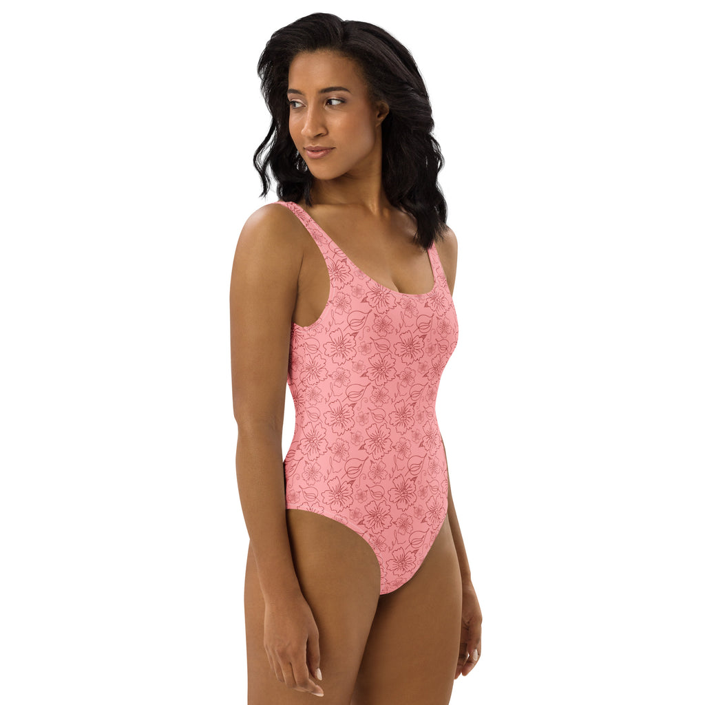 Women's Pink Floral Outline Buttery Soft Swimsuit With UPF 50+