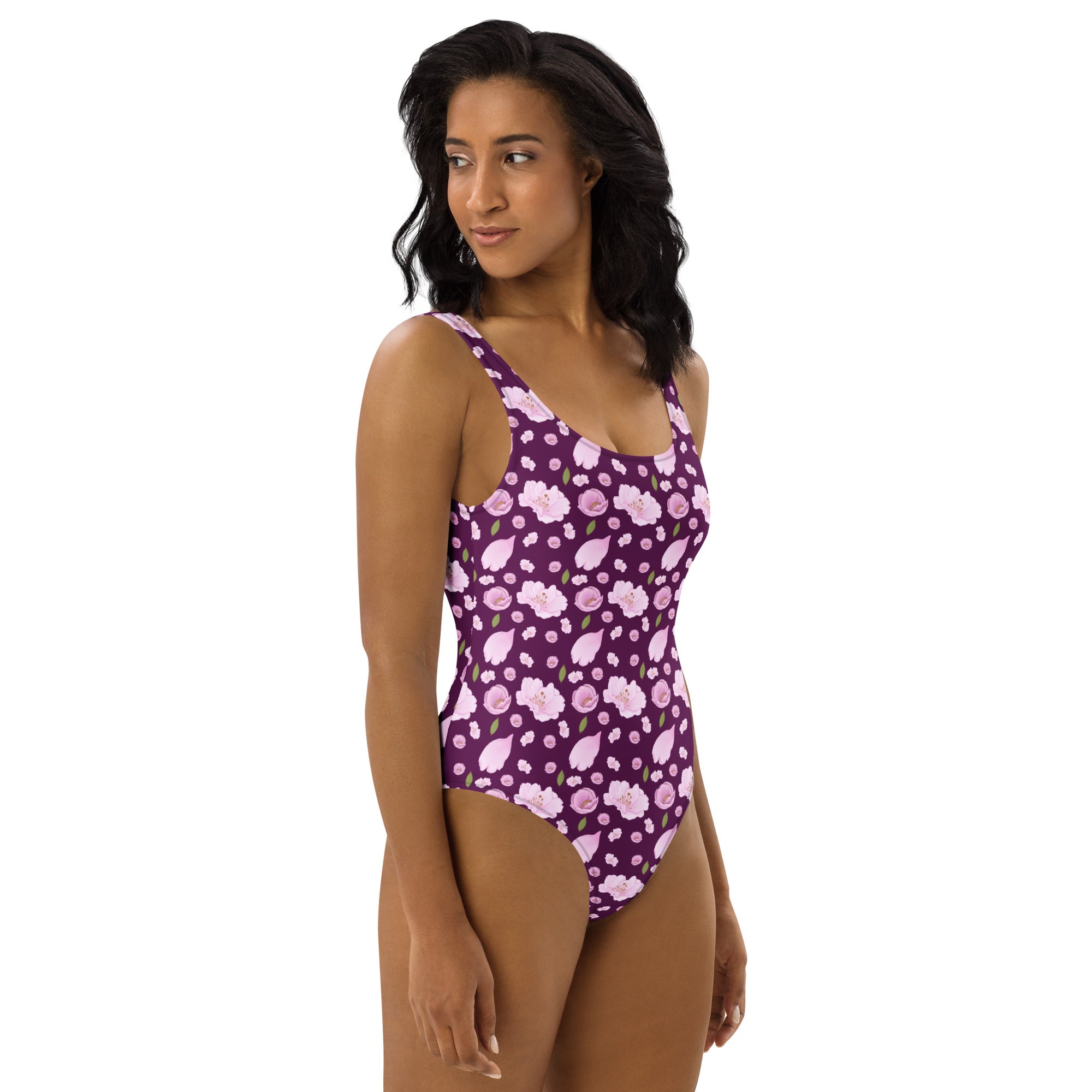 Women's Purple Cherry Blossom Buttery Soft Swimsuit With UPF 50+
