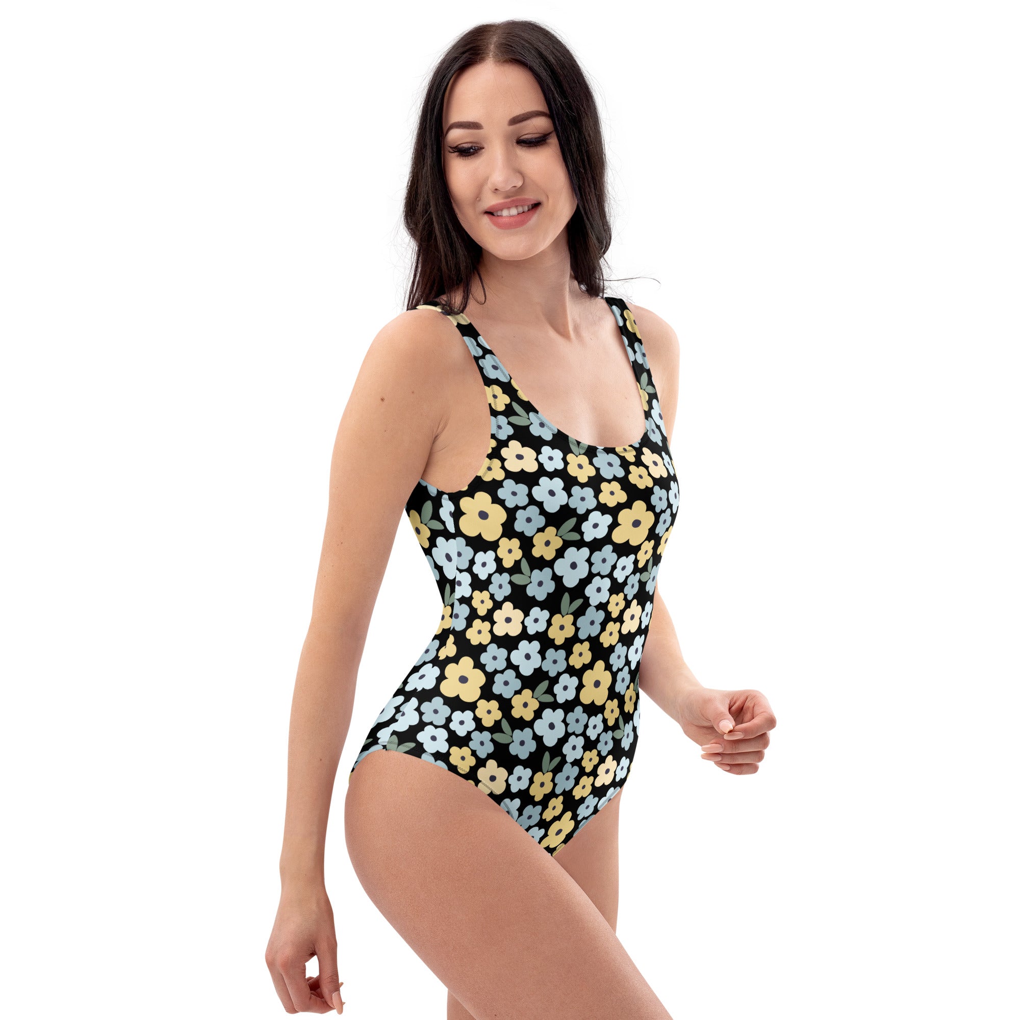 Women's Black Daisy Buttery Soft Swimsuit With UPF 50+