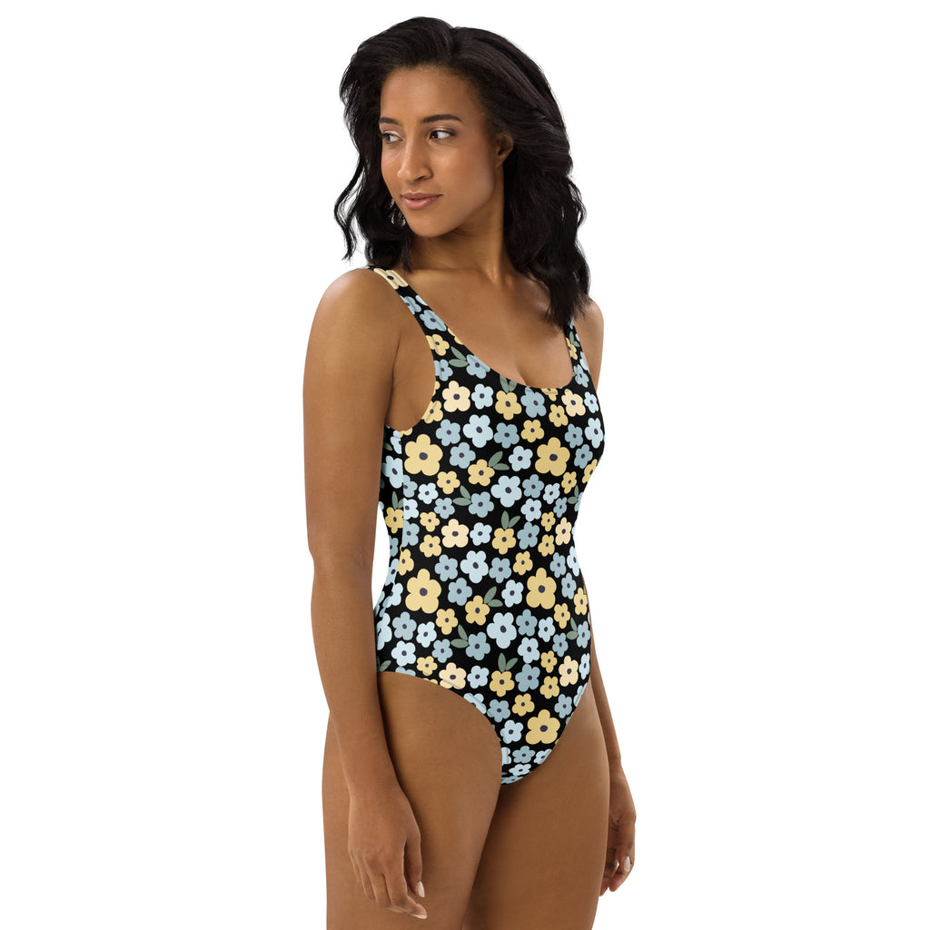 Women's Black Daisy Buttery Soft Swimsuit With UPF 50+