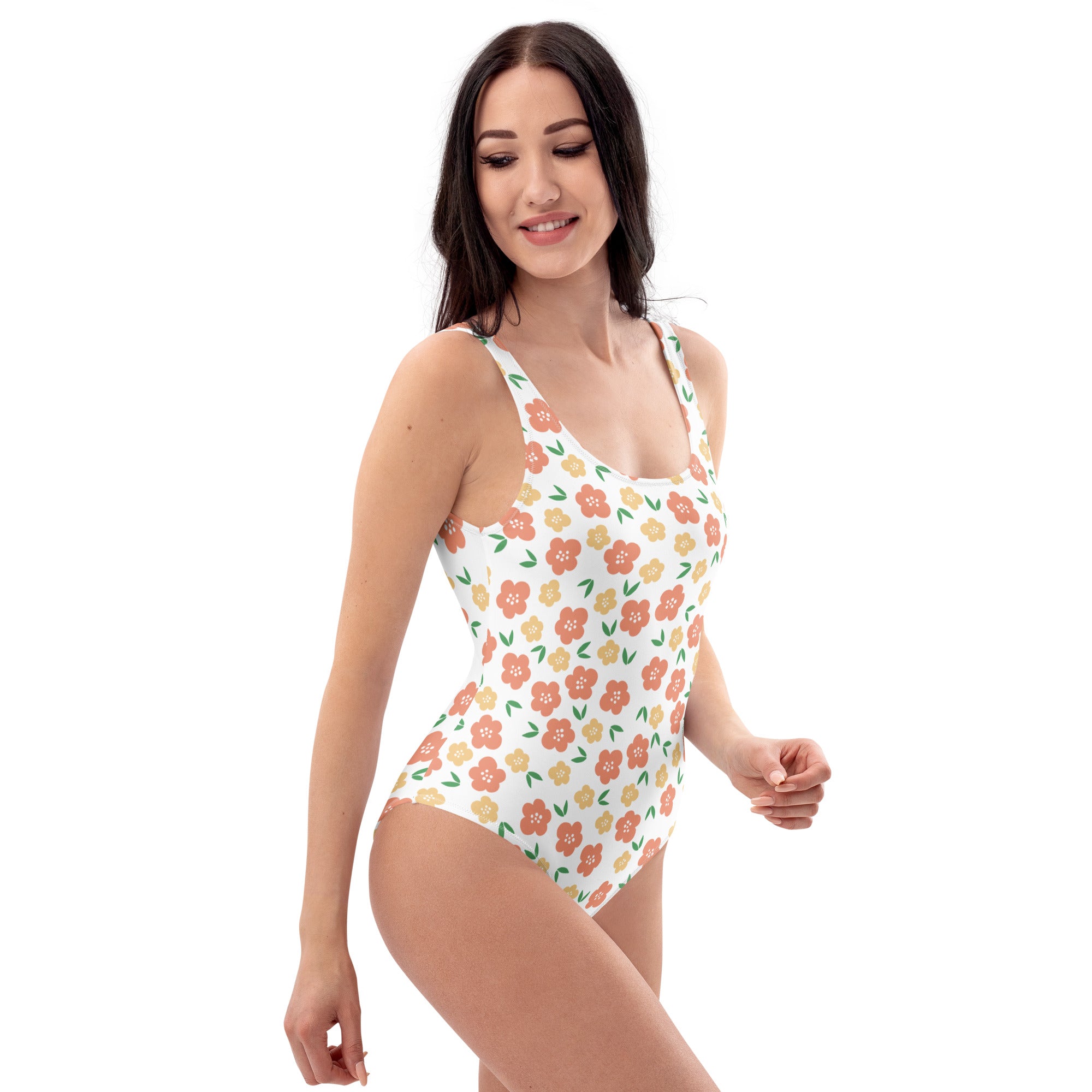 Women's Orange And Yellow Flowers Buttery Soft Swimsuit With UPF 50+