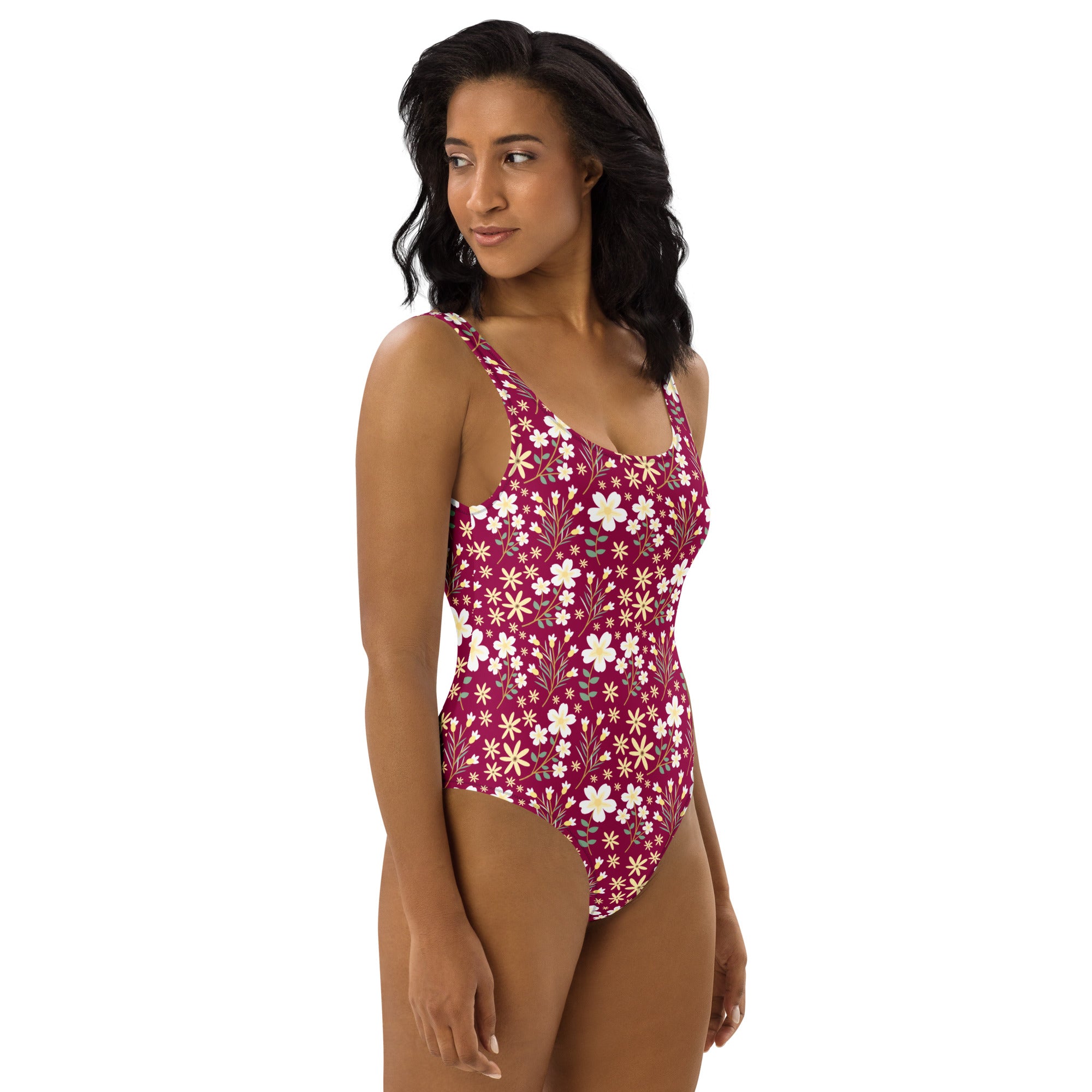Women's Burgundy Wildflower Buttery Soft Swimsuit With UPF 50+