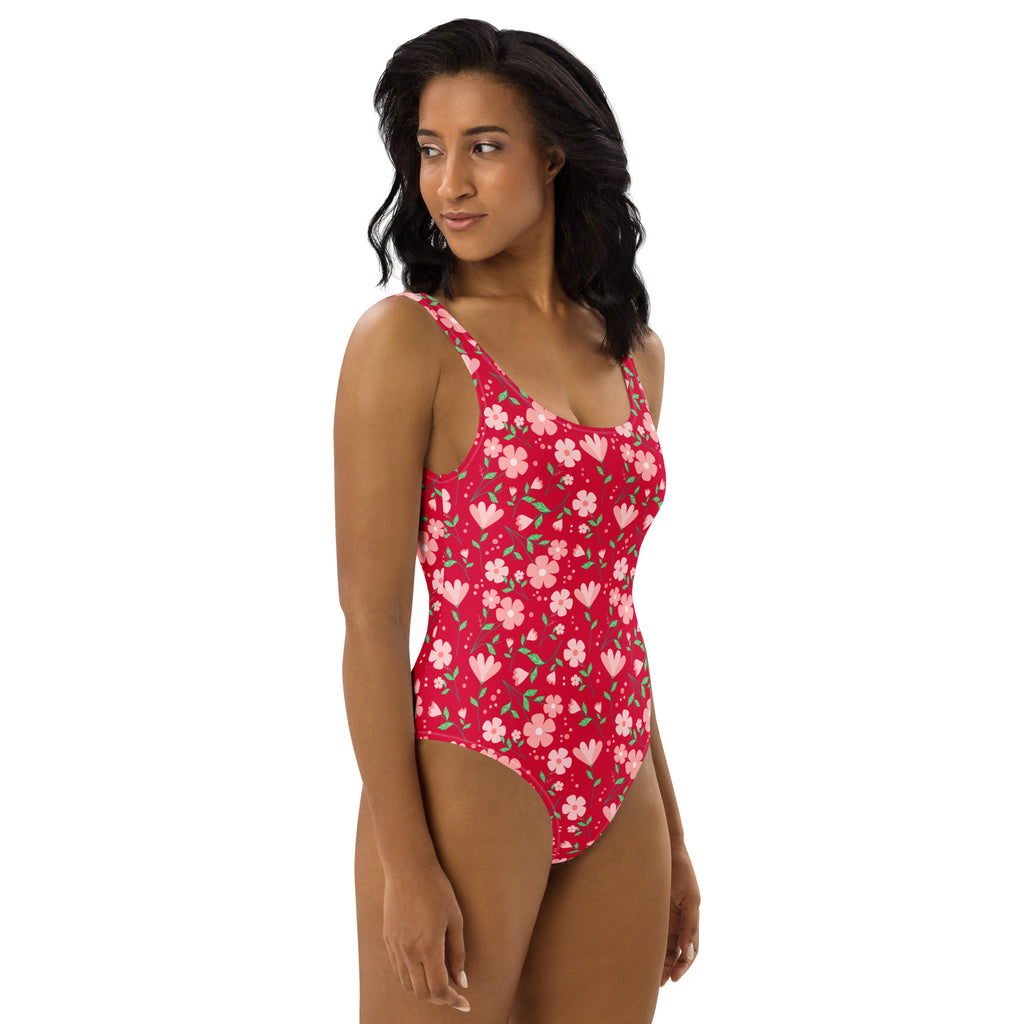 Women's Retro Bright Pink Floral Buttery Soft Swimsuit With UPF 50+
