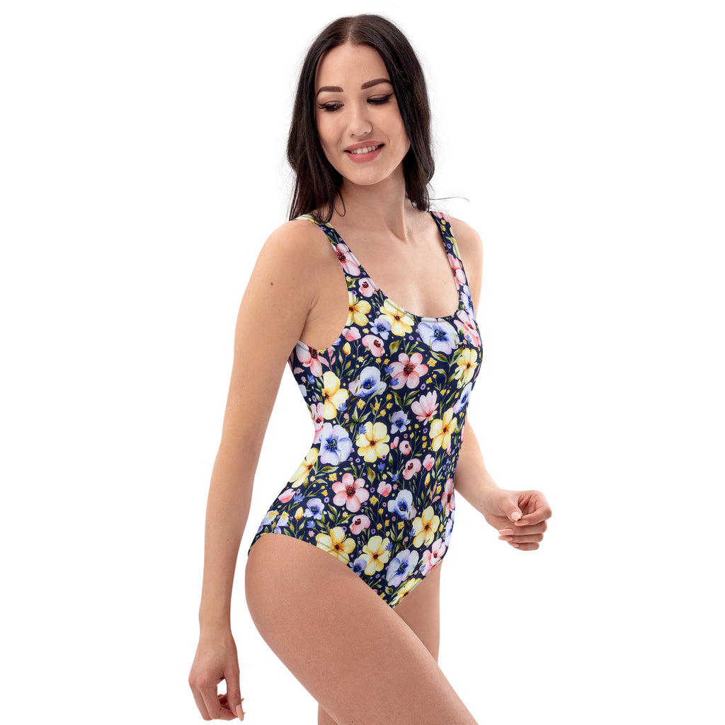 Women's Navy Watercolor Floral Buttery Soft Swimsuit With UPF 50+