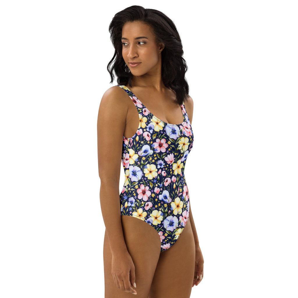 Women's Navy Watercolor Floral Buttery Soft Swimsuit With UPF 50+