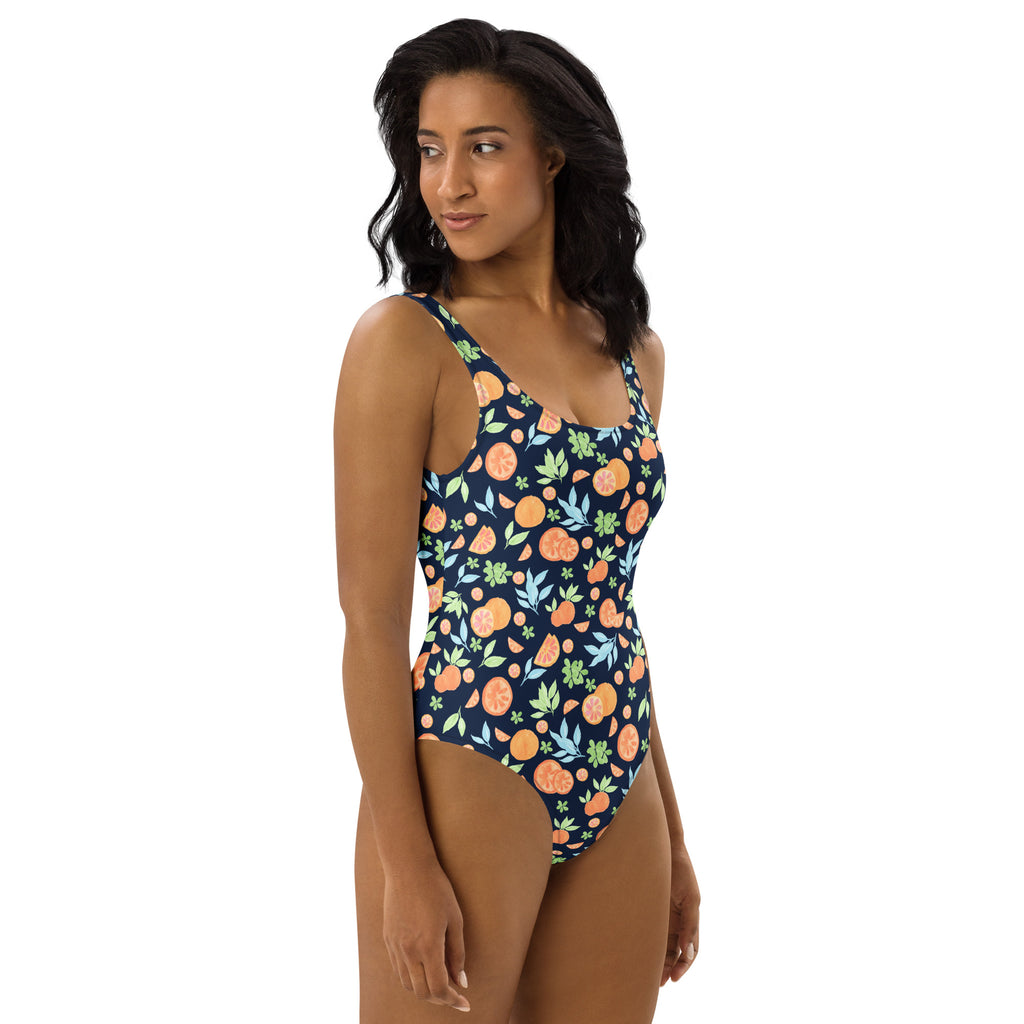 Women's Navy Orange Citrus Fruit Buttery Soft Swimsuit With UPF 50+