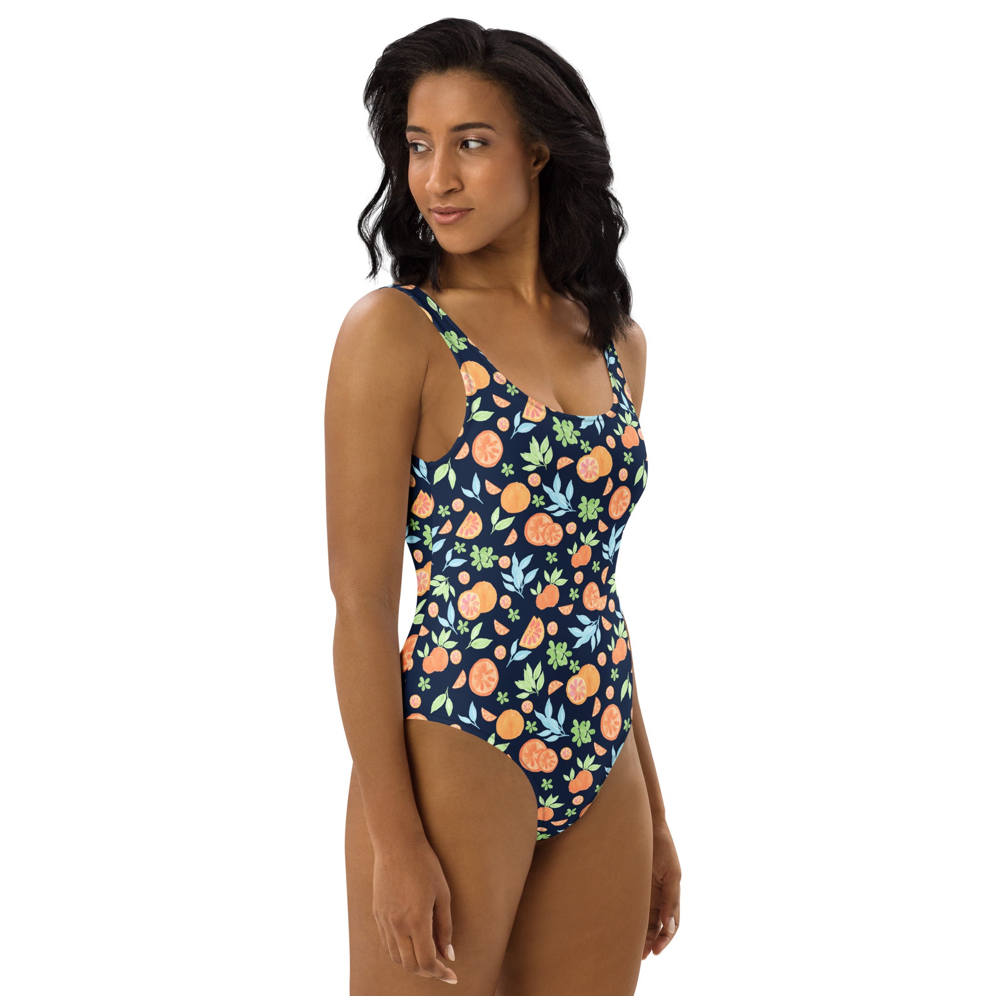 Women's Navy Orange Citrus Fruit Buttery Soft Swimsuit With UPF 50+