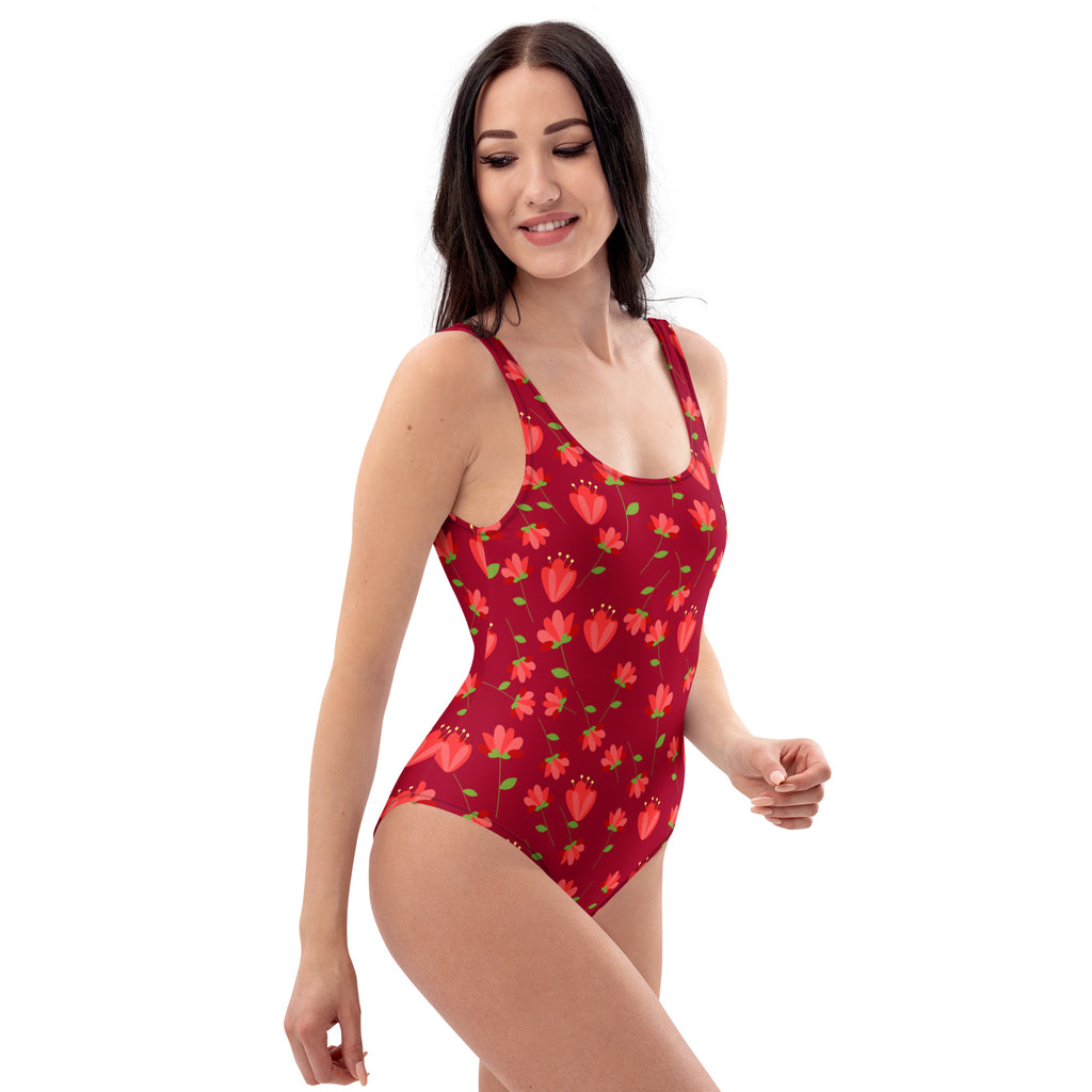 Women's Red Retro Flower Buttery Soft Swimsuit With UPF 50+