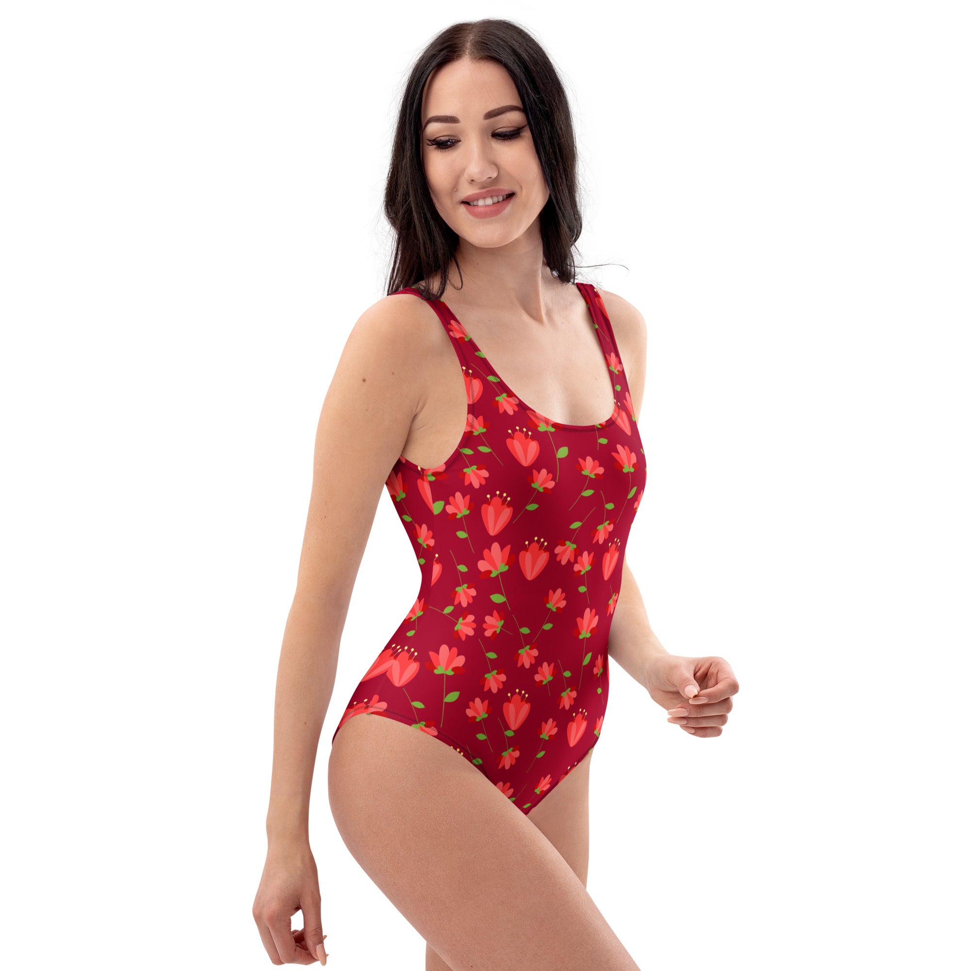 Women's Red Retro Flower Buttery Soft Swimsuit With UPF 50+