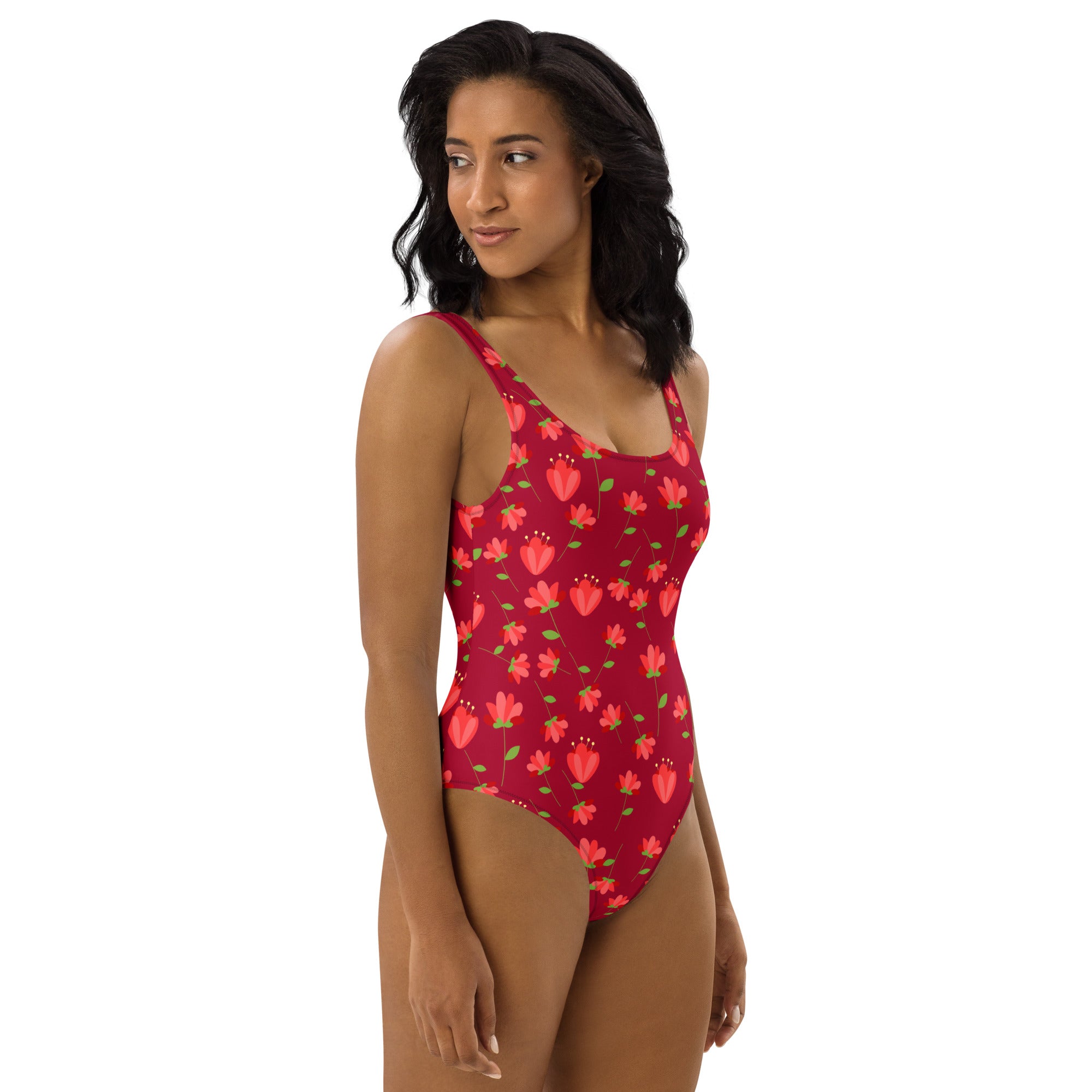 Women's Red Retro Flower Buttery Soft Swimsuit With UPF 50+