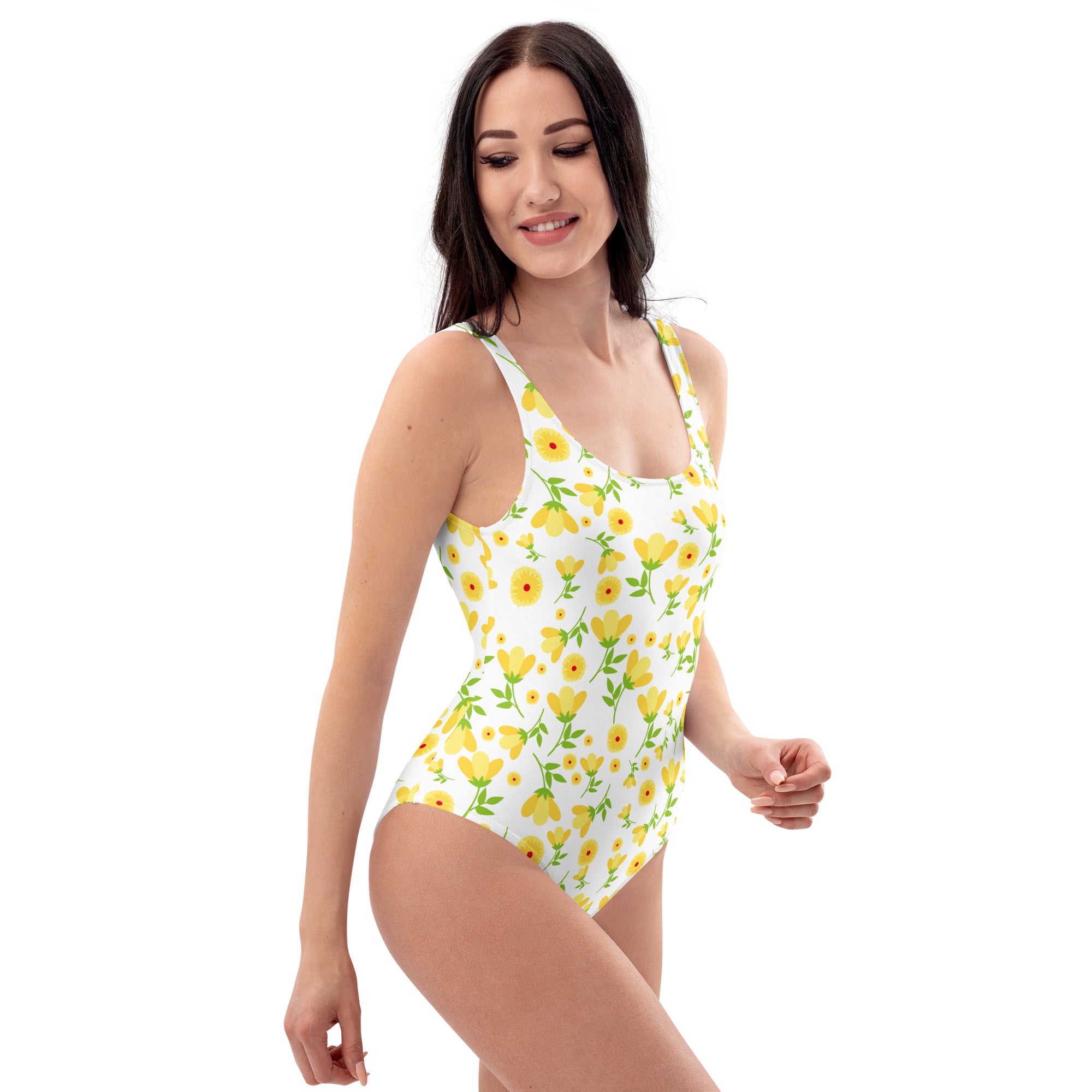 Women's Yellow Retro Flower Buttery Soft Swimsuit With UPF 50+