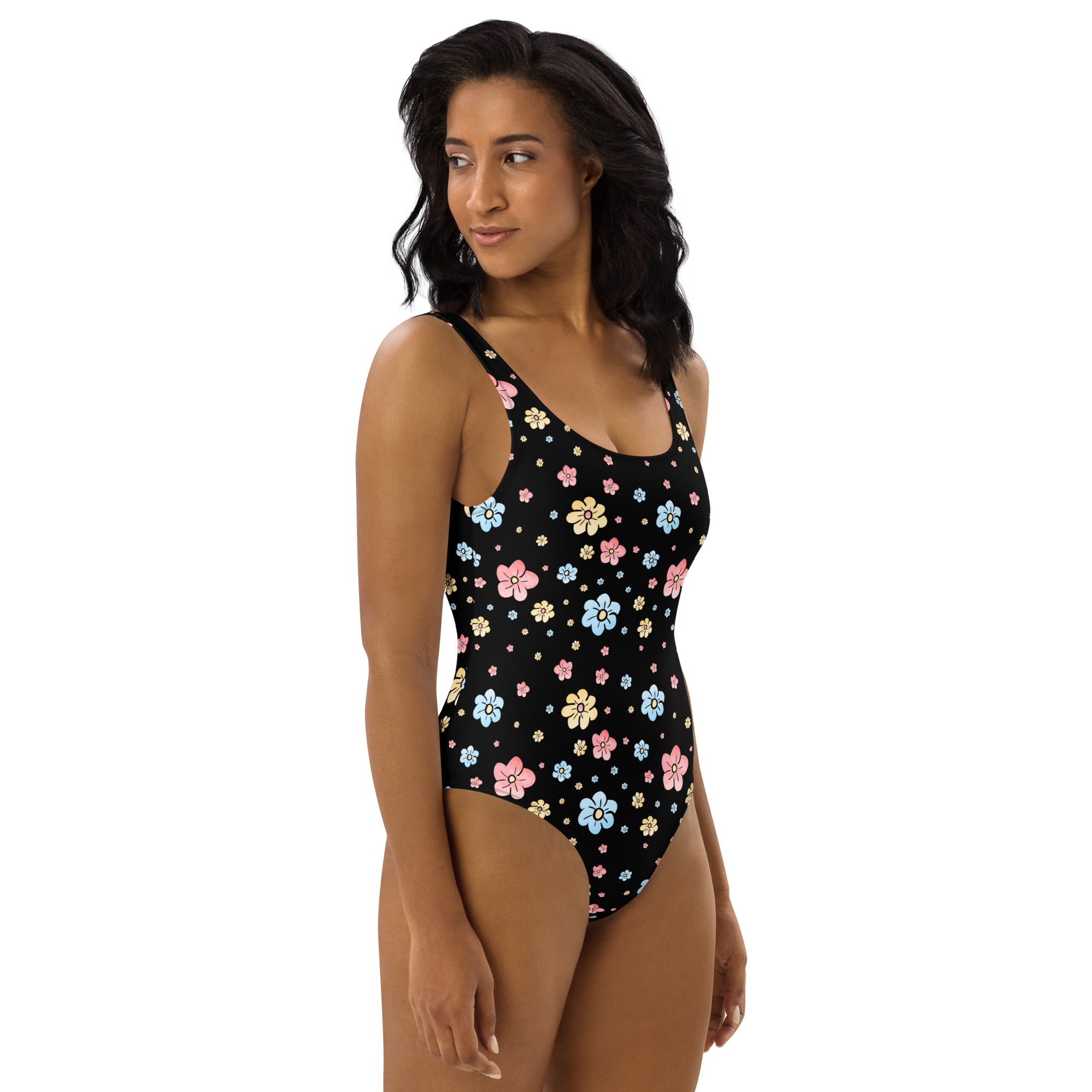 Women's Black Retro Pastel Floral Buttery Soft Swimsuit With UPF 50+